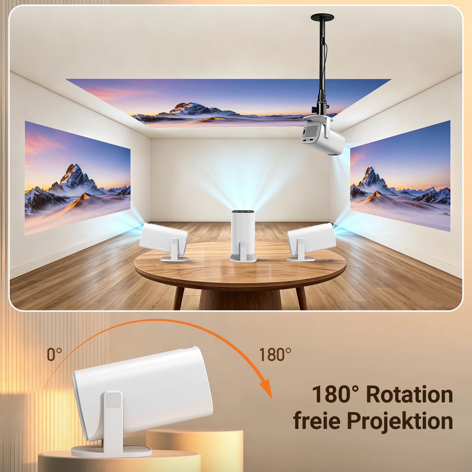 Mini Beamer Unterstützt 4K 1080P,2026 Tragbarer Smart Projektor mit WiFi 6 und BT 5, Automatische Trapezkorrektur, Mini Projektor 180° Drehung Beamer für Heimkino/Outdoor für Handy/HDMI/Laptop
