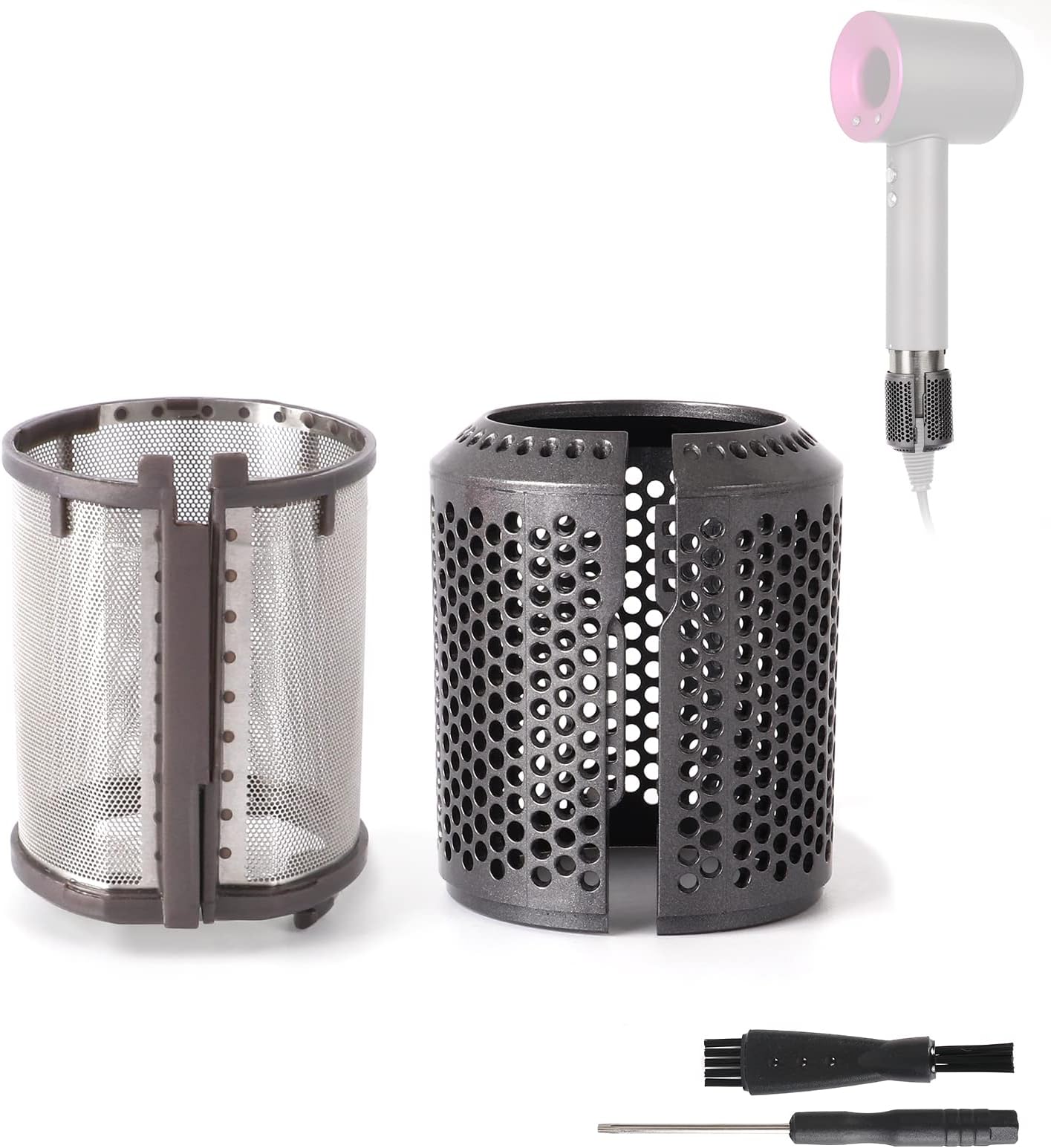 Hair Dryer Inner Filter + Outer Filter Cage Replacement for Dyson Hair Dryer HD01 HD03 HD08 Models, Hair Dryer Filter Mesh Filter Cover Cap Replacement Parts (Metallic Grey)