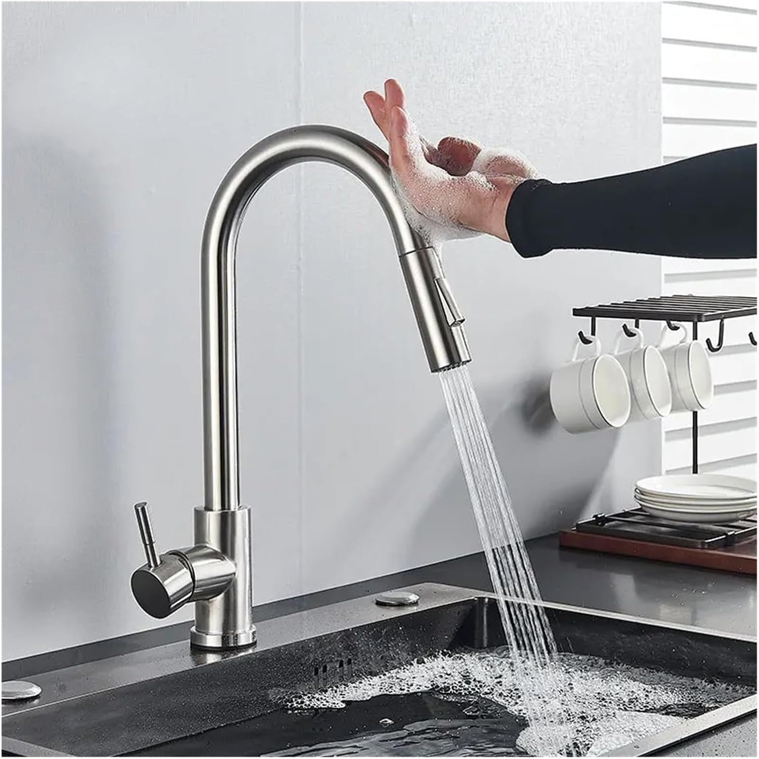 Automatic Sensor Faucets TOU Inductive Kiten Faucet Stainless Steel Water Saving Inductive Water Tap Mixer Battery Power, Rome Bathroom Faucet