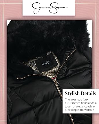 Jessica Simpson Womens Long Puffer Coat - Quilted Puffer Jacket with Faux Fur Hood - Insulated Winter Coats for Women