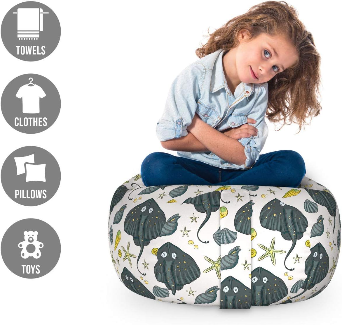 Ambesonne Underwater Storage Toy Bag Chair, Funny Stingray and Starfish Nautilus Sea Shells Ocean Exotic Fish Doodle, Stuffed Animal Organizer Washable Bag, Small Size, Grey Pale Green
