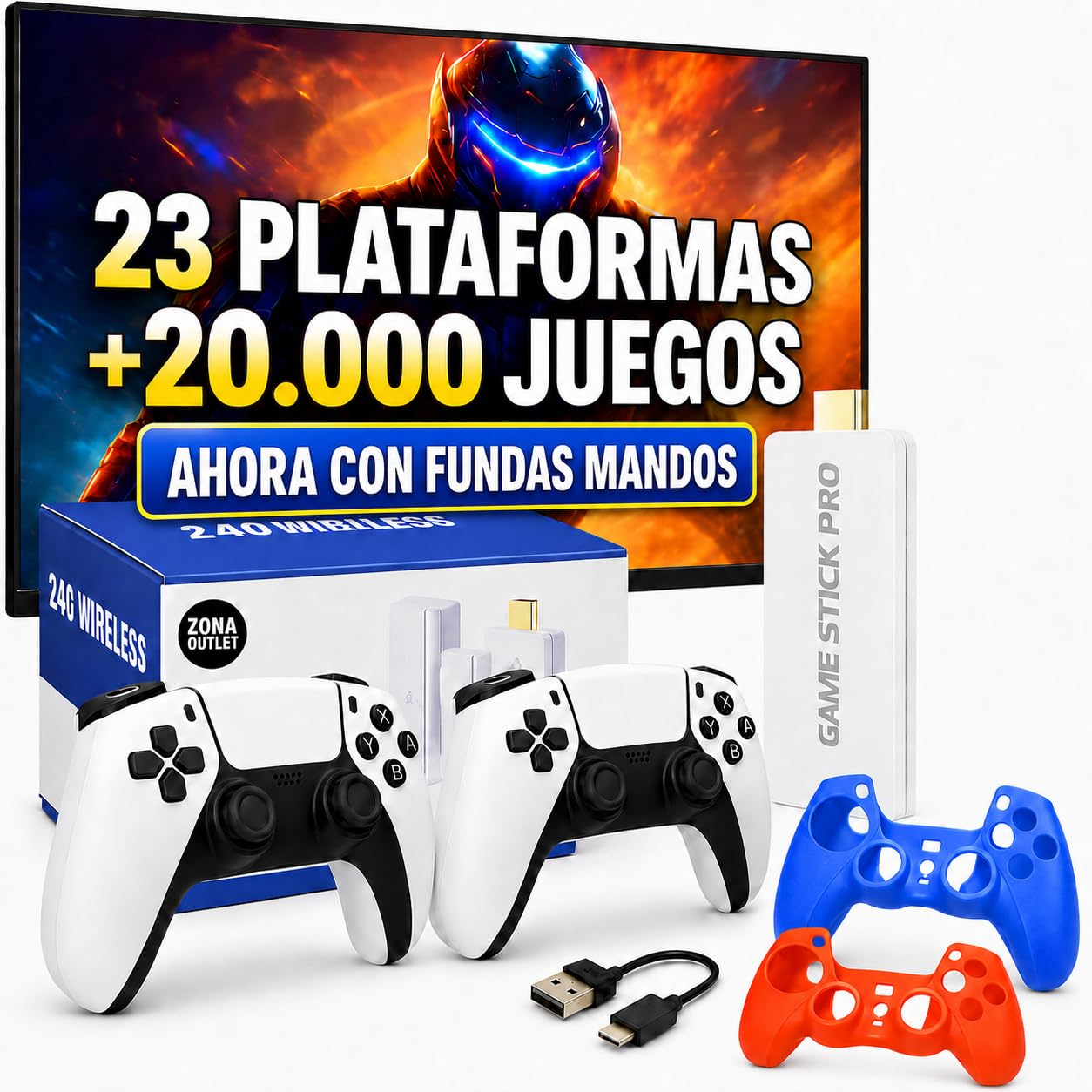Consola Retro Plus Pro 2026 Incluye 2 Fundas Color para los Mandos | 23 Plataformas y Miles de Videojuegos | 2 Gamepads Blancos Wireless | Videoconsola Arcade Juegos Clásicos Pincho Stick HDMI TV Tele
