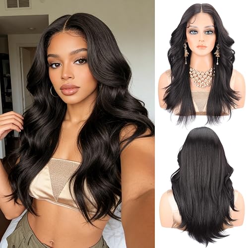 Blissource Brown Synthetic Lace Front Wigs for Women,13x4x1 Middle Part HD Lace Layered Wave Synthetic Lace Pre Plucked Glueless Wigs for Black Women with Sunkissed Highlights