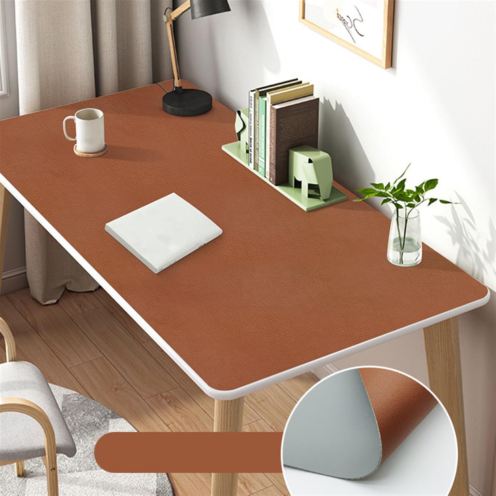 Tappetino Scrivania in pelle PU, Tappeto Scrivania Bifacciale, Tappetino Mouse impermeabile Antiscivolo, per Ufficio e Home Office, Marrone+Grigio, 50x140cm