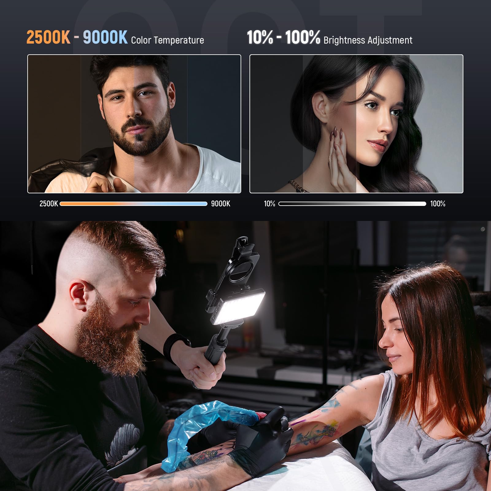 NEEWRE BASICS Luce Selfie LED & Tattoo Compatibile con iPhone, Luce a Clip con Filtro CPL/Treppiede/Portatelefono, Lampada di Riempimento per Fotografia Arte Cibo Gioielli, Registrazione Video,BL120B