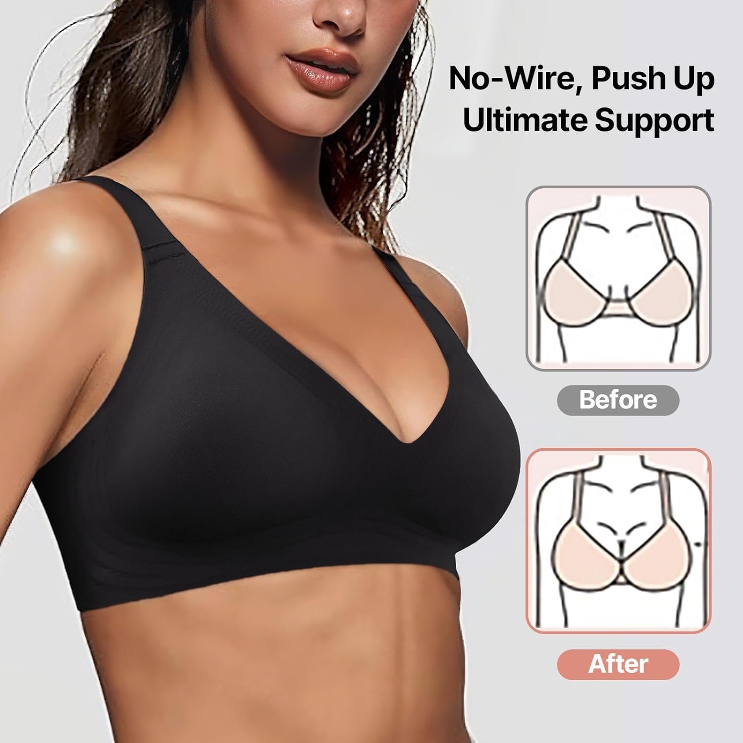 Bra for Women, Seamless Deep V Wireless Smooth Bra - Push Up, No Underwire, Bralettes - Full Comfort for Sport & Everyday (Ebony, M) - Image 4