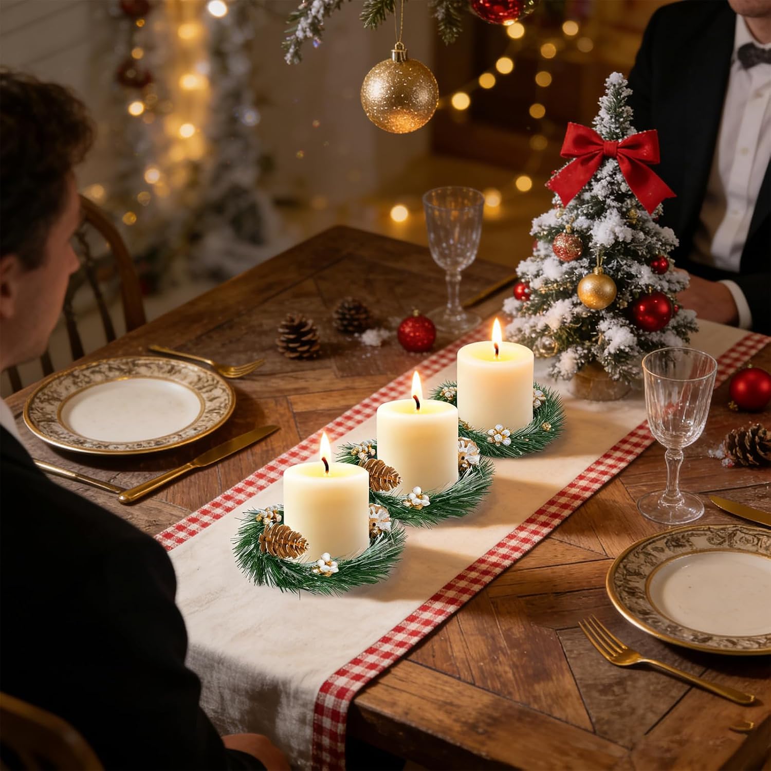 FYSUIMU 8Pcs Christmas Candle Ring Wreaths Artificial Pine Needle Greenery Golden Berry Xmas Garland Candle Ring Holder for Holiday Wedding Home Dinner Table Centerpiece