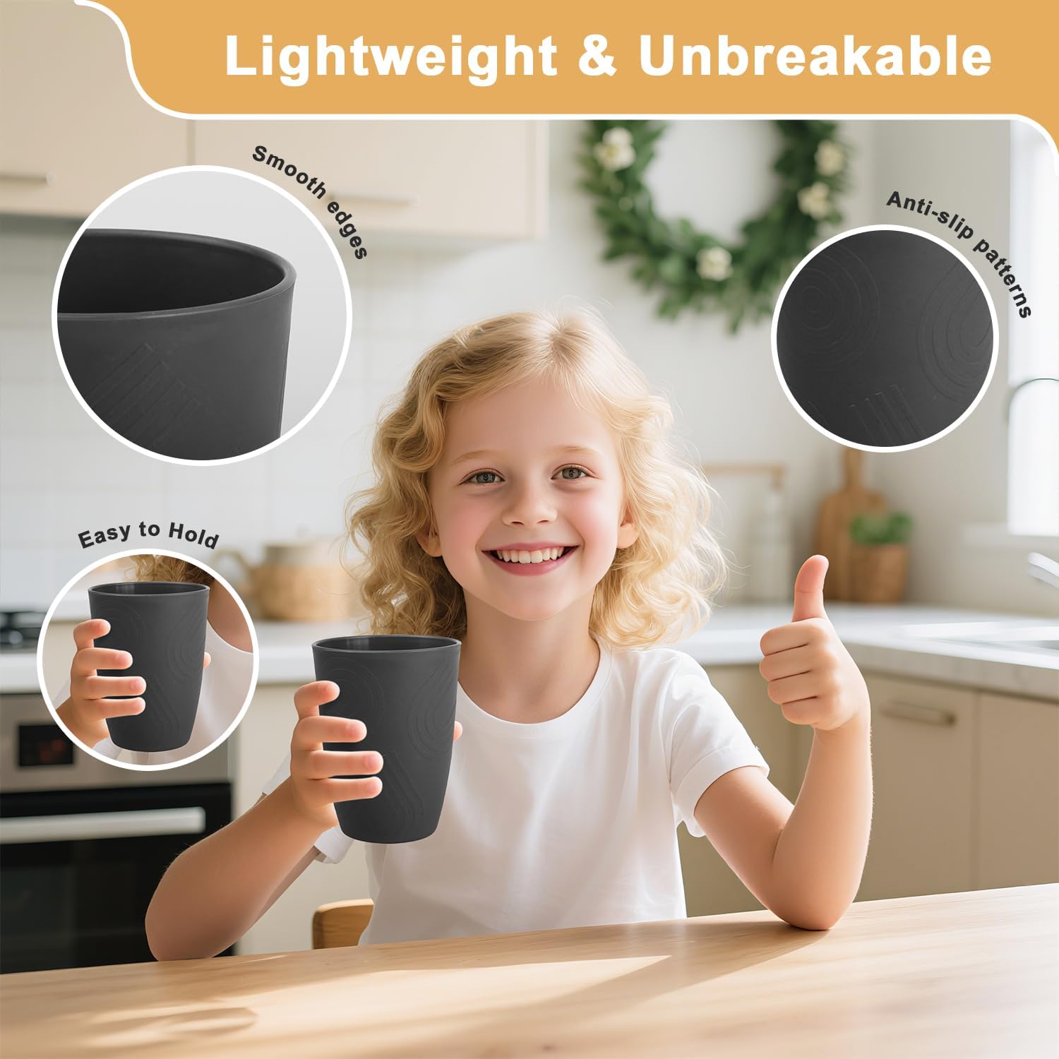 Wheat Straw Cups Sets of 6, Plastic Cups Reusable, Drinking Cup for Kitchen, Small Kids Cup, Unbreakable Water Cup, Dishwasher Safe Plastic Glasses for Kitchen, Camping, School (Black) - Image 4