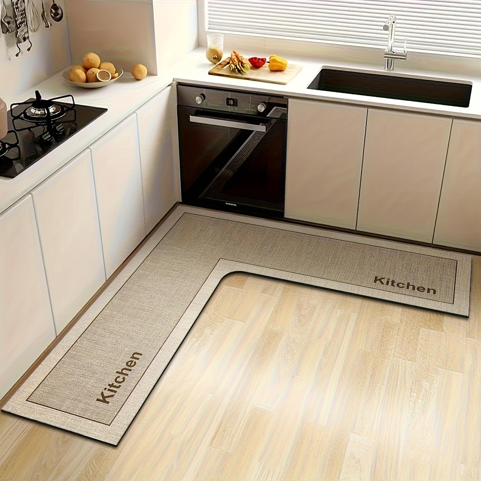 Jyswx L-Shaped Kitchen Rug Mat - Non Slip Diatomite Kitchen Floor Mat - Quick Dry Absorbent Corner Kitchen Runner for Sink Area, Bathroom, Laundry Room & Hallway, Washable, Mocha, 150x150x45cm