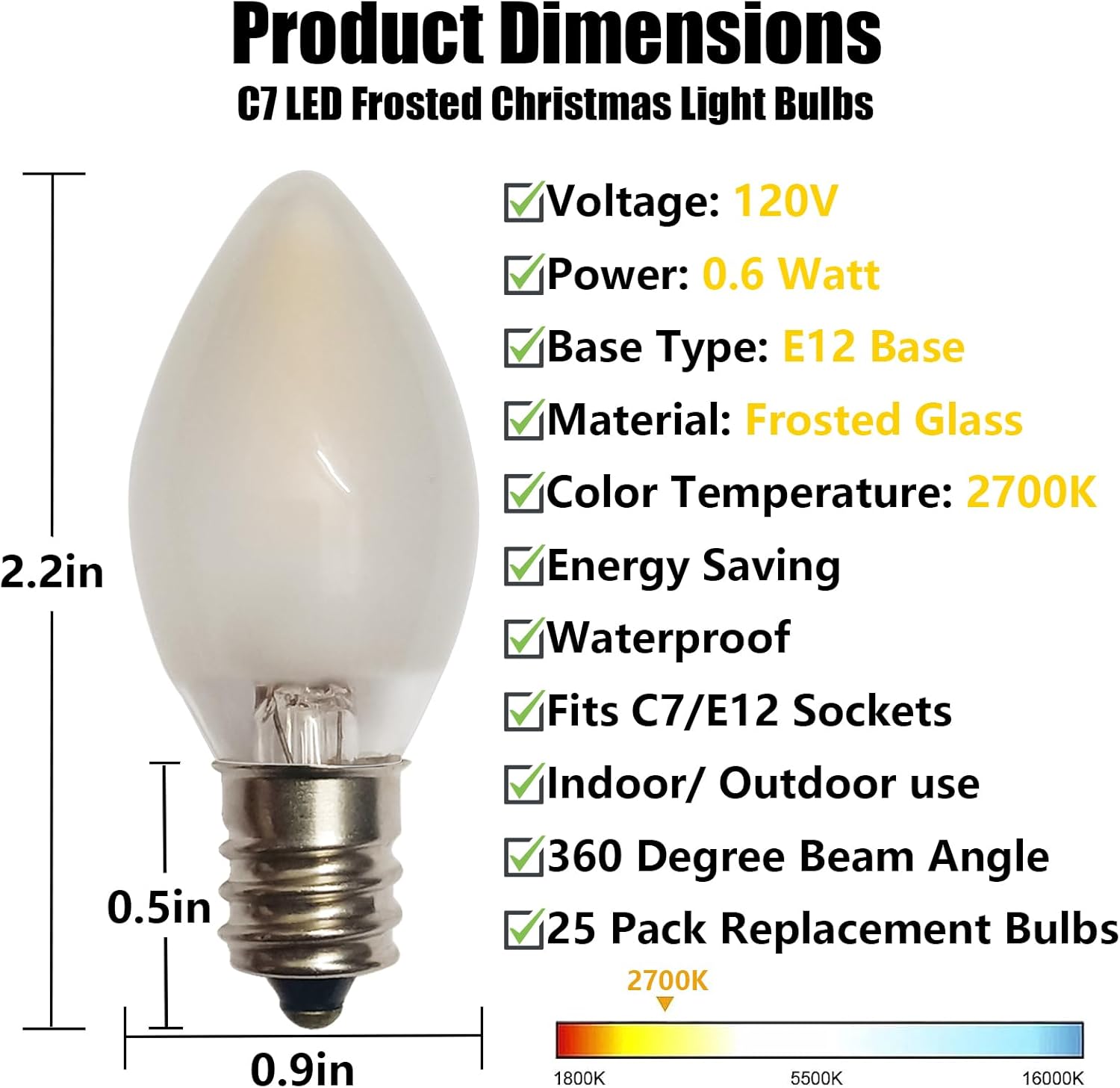 C7 LED Frosted Christmas Light Bulb, 25 Pack C7 Christmas Replacement Bulbs with Frosted Glass, 0.6W E12 Candelabra LED Light Bulbs for Chandeliers Candle Lamps Night Light Xmas String Lights