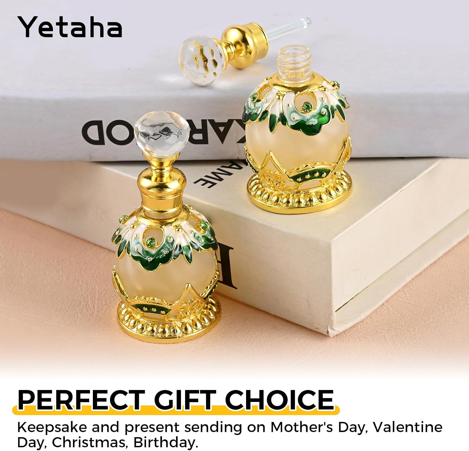 Yetaha 15ML Green Jeweled Flower Vintage Refillable Glass Perfume Bottle image 5