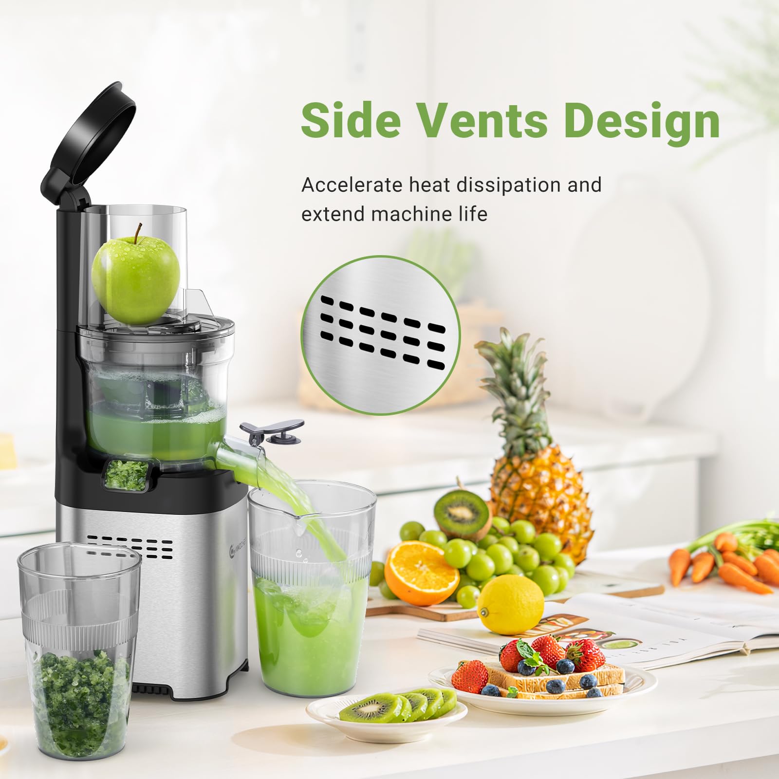 AMZCHEF Slow Juicer Pionowa sokowirówka z otworem 79 mm do warzyw i owoców, zwycięzca testu – ze stali nierdzewnej Slow Juicer z zabezpieczeniem przed kapaniem – różowa