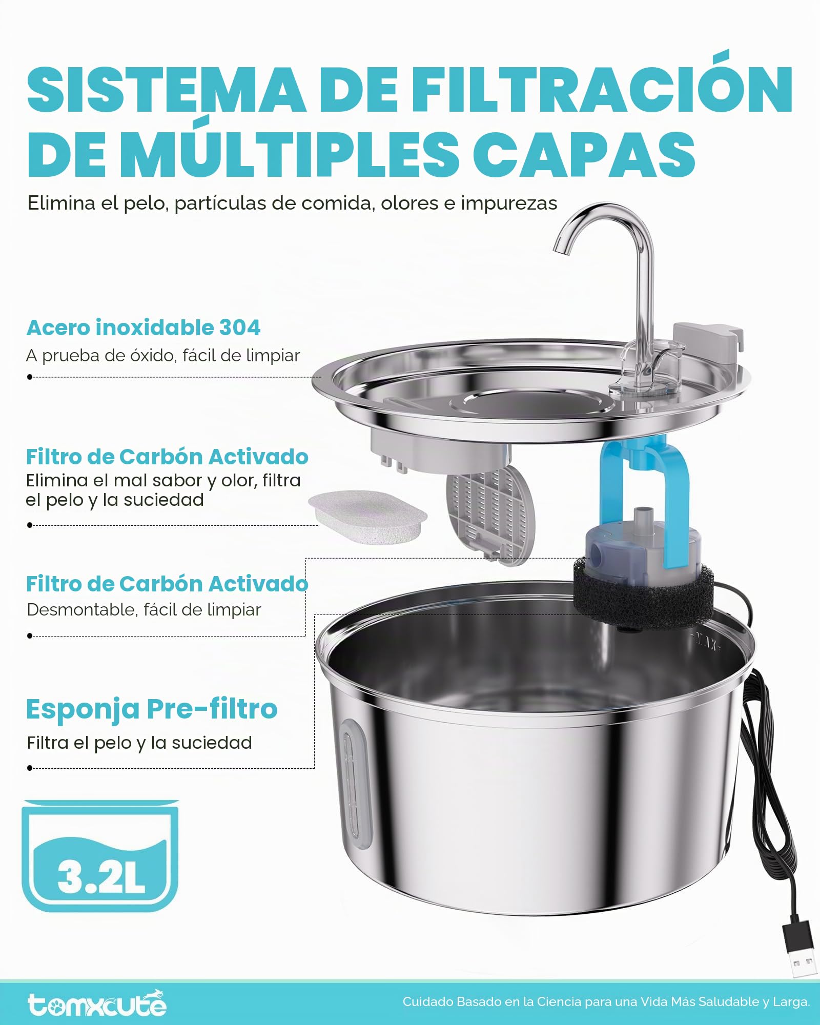 Tomxcute - Fuente de Agua para Gatos, dispensador automático de Agua de Acero Inoxidable de 3.2 l/12 onzas, Bomba Ultra silenciosa y 3 filtros de Repuesto y para Gatos, Perros, múltiples Mascotas