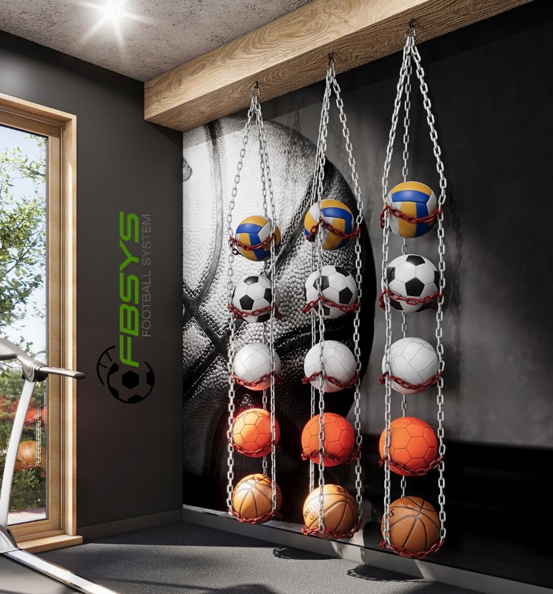 Ballhalter - Haken für 8 Bälle (Basketball, Fussball, Volleyball) - Organizer Ballnetz - Schwarz & Grün