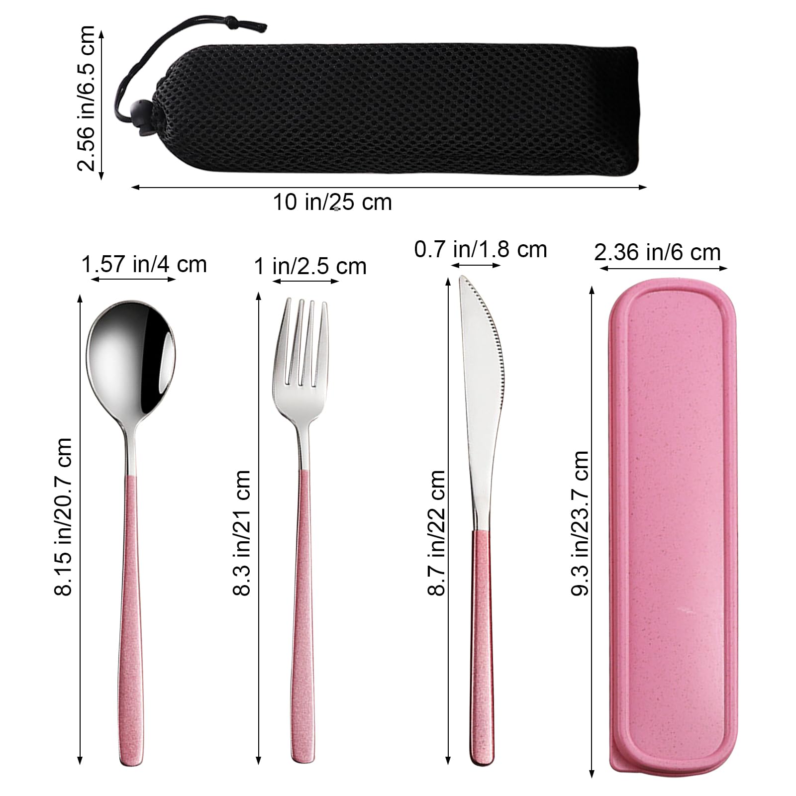 VANRA 3-Piece Portable Travel Utensils Set with Case 18/8 Stainless Steel Flatware Set Reusable Cutlery Set with Fork Spoon Knife for Lunch Travel Camping School Work Picnic (Pink)