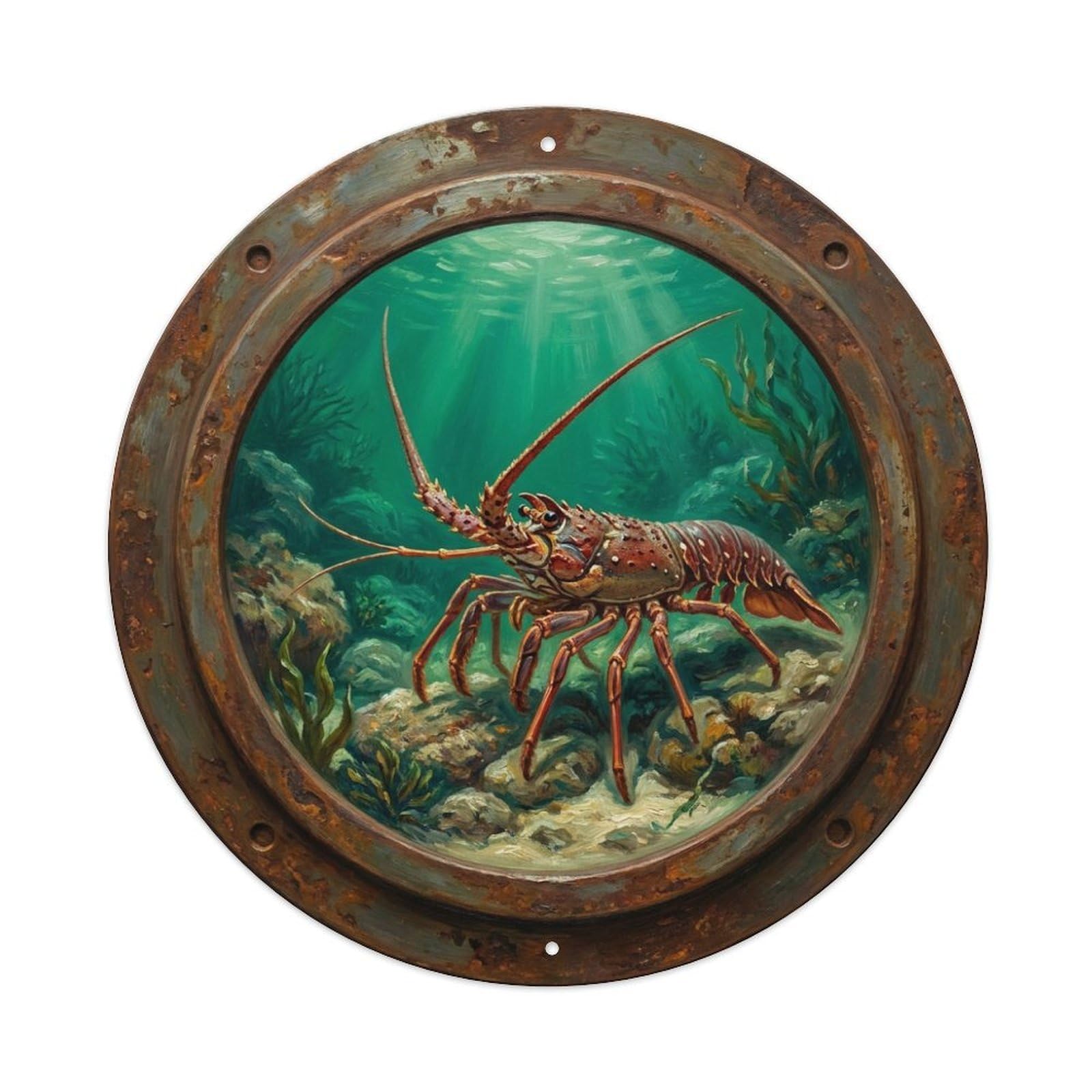 Vintage Porthole Lobster Walk Ship Window Undersea Deep Sea Metal Tin Sign