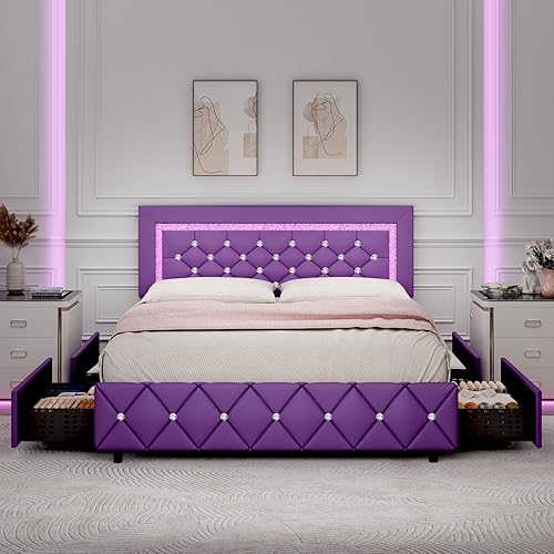 Miniatura 19 de Base de cama de tamaño matrimonial con luces LED, base de cama tapizado con cajones de almacenamiento, cama de plataforma princesa con cabecera y