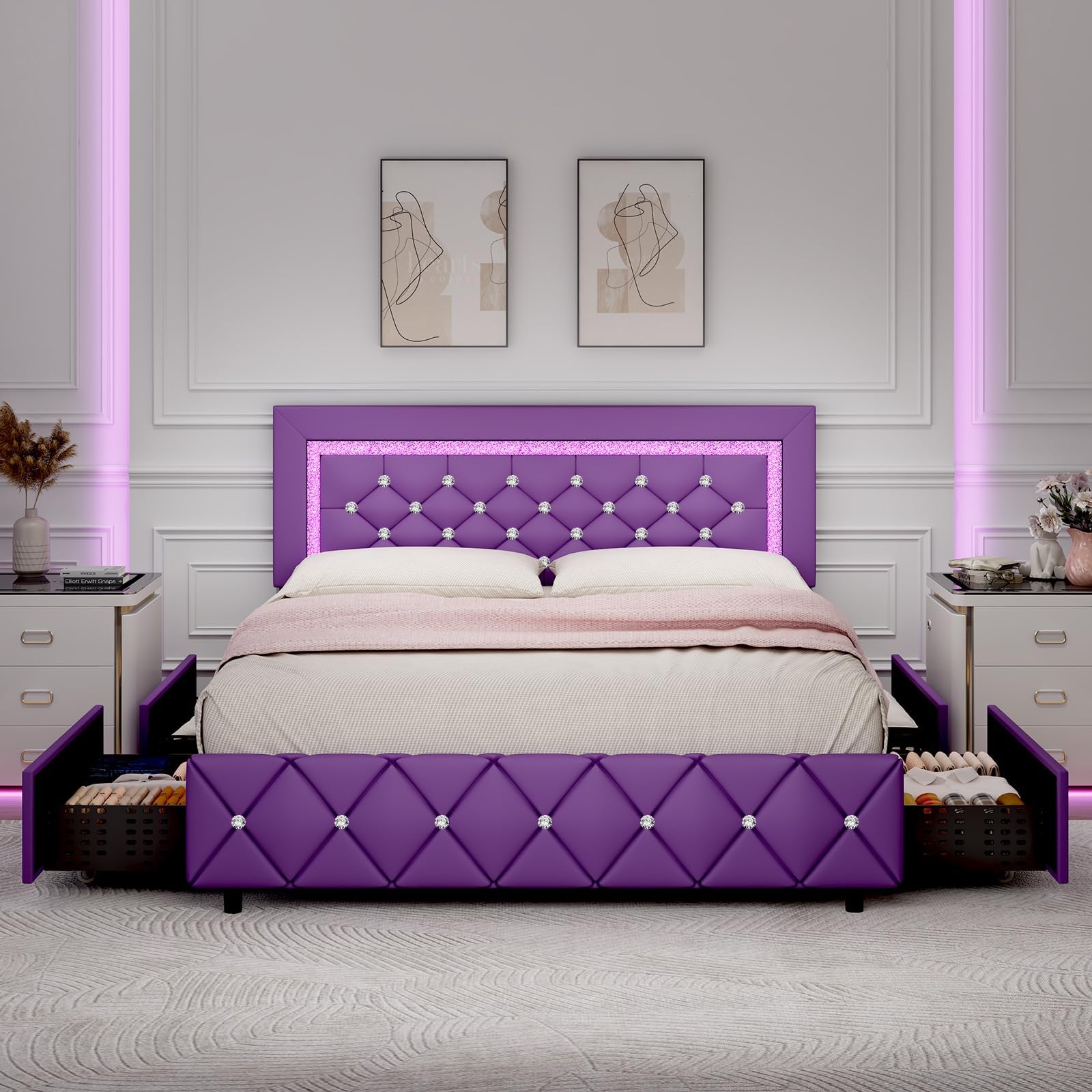 BarnFurin Full Size Bed Frame with Headboard, Faux Leather Upholstered Bed with Diamond Tufted Design, Mordern Bed Frame with Wooden Slats Suppor, No Box Spring Required, Easy Assembly, Purple