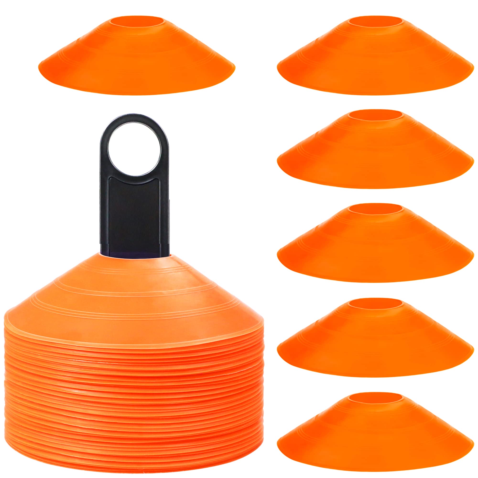 Faxco50 Pcs Orange Mark Disks with Shelf and Net Bag, Soccer Cones with Holder for Training, Football, Sports, Field Cone Markers Outdoor Games Supplies