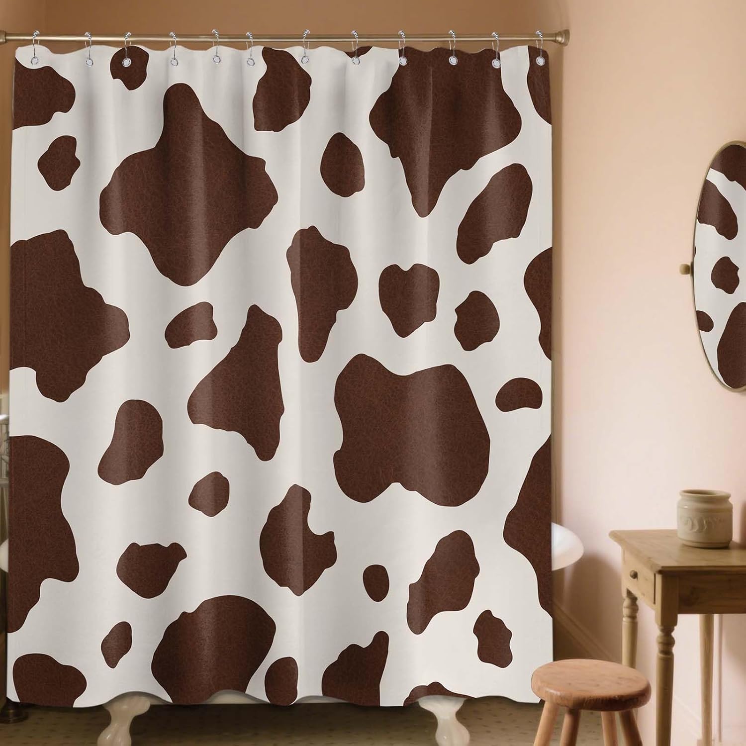 Cow Print Shower Curtain Brown and Beige Farm Animal Shower Curtains for Wester Bathroom Decor Sets, Waterproof Cloth Fabric with Hooks, 70x72 in
