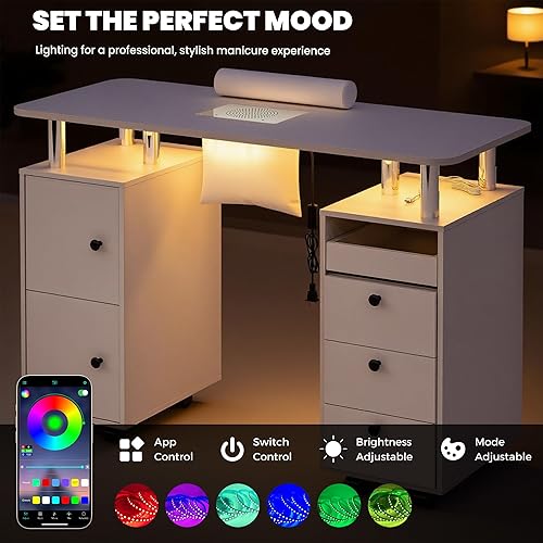 Miniatura 5 de Escritorio de uñas para tecnología de uñas con colector de polvo eléctrico, mesa de manicura rodante con ruedas bloqueables, cajones de