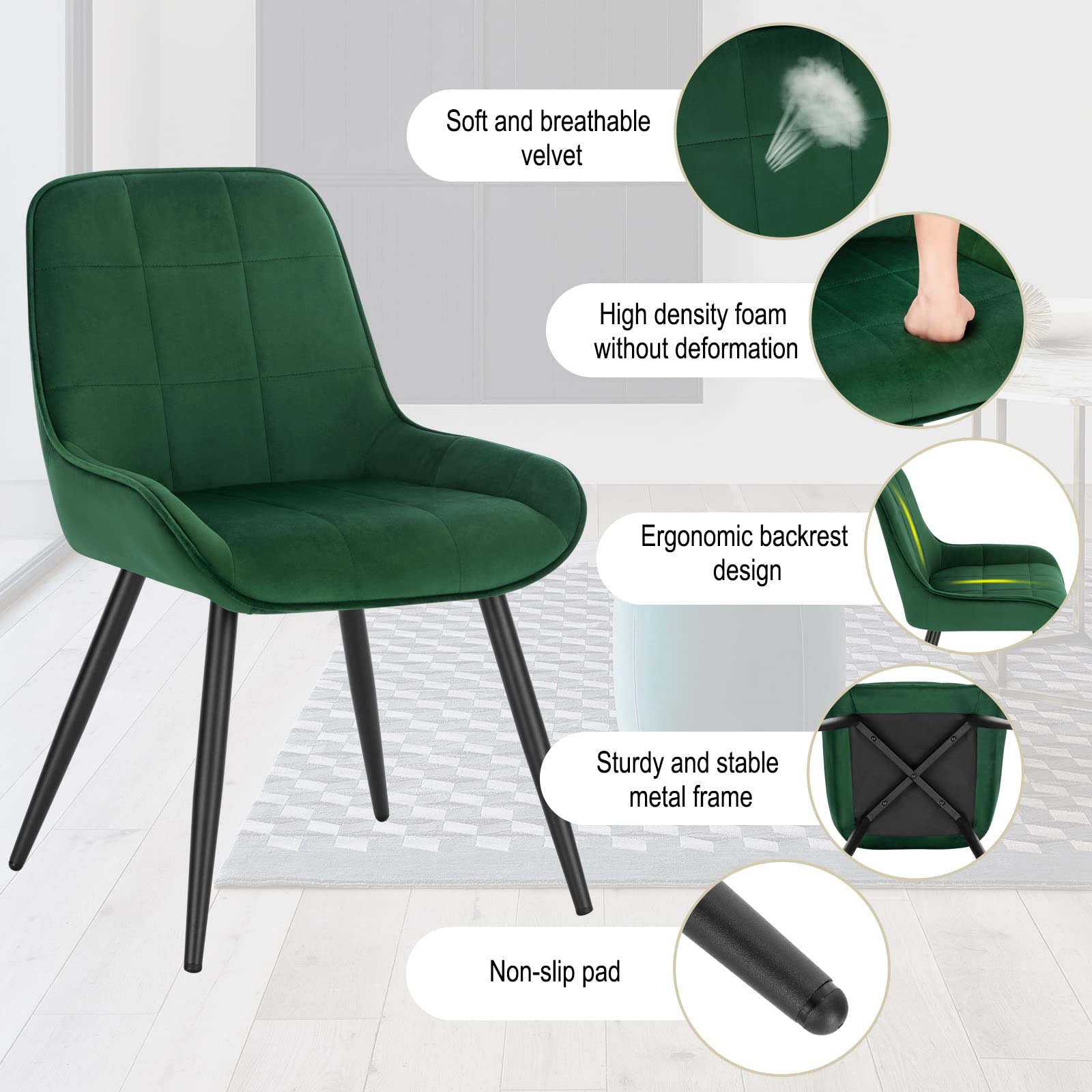 WOLTU Set di 2 Sedie da Pranzo, Sedie Ergonomiche, Poltroncine Imbottite | Schienale Curvo, in Velluto e Metallo, per Salotto, Ufficio, Camera da Letto, Verde Scuro