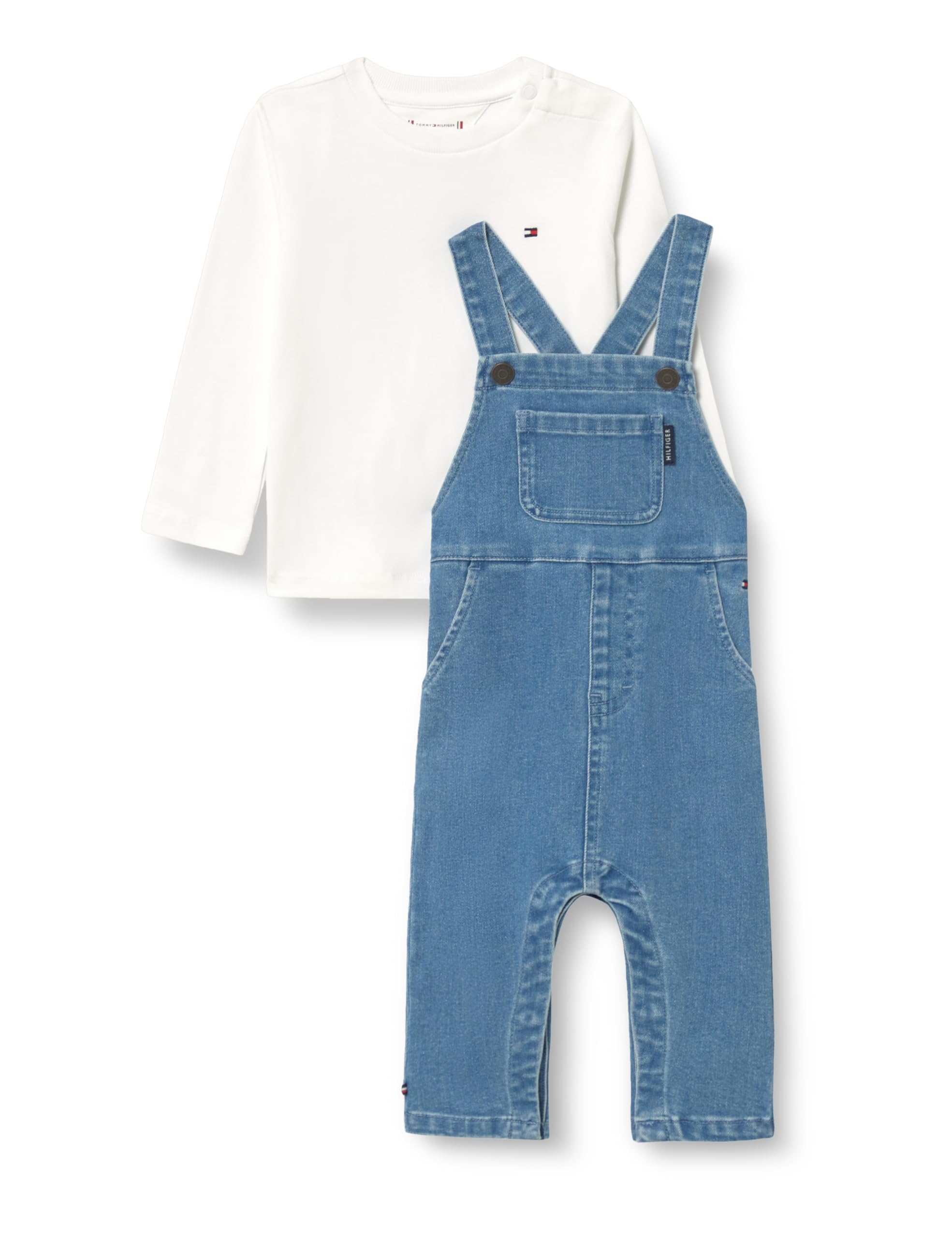 Tommy Hilfiger Neonati Set Salopette in Denim e Maglietta, Blu (Denim Medium 01), 74
