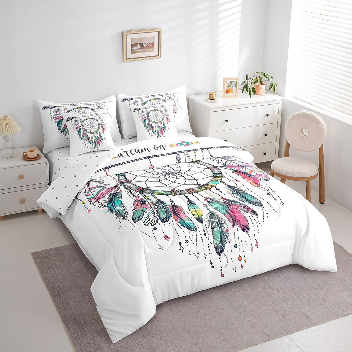 Feelyou Dreamcatcher Comforter Set Queen Size 7 Pieces Boho Dream Catcher Bed in a Bag for Kids Girls Bohemian Arrow Aztec Bedding Set Bed Set with Comforter, Sheet Set, Pillowcases, Pillow Covers