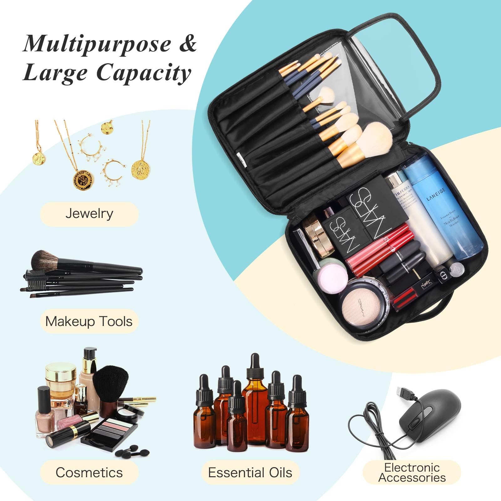 DIMJ Makeup bag and Jewelry Bag, 2 in 1 Travel Makeup Bag Organizer with Compartments Portable Waterproof Storage Case for Cosmetics Brushes Necklaces Earrings Bracelets Toiletry