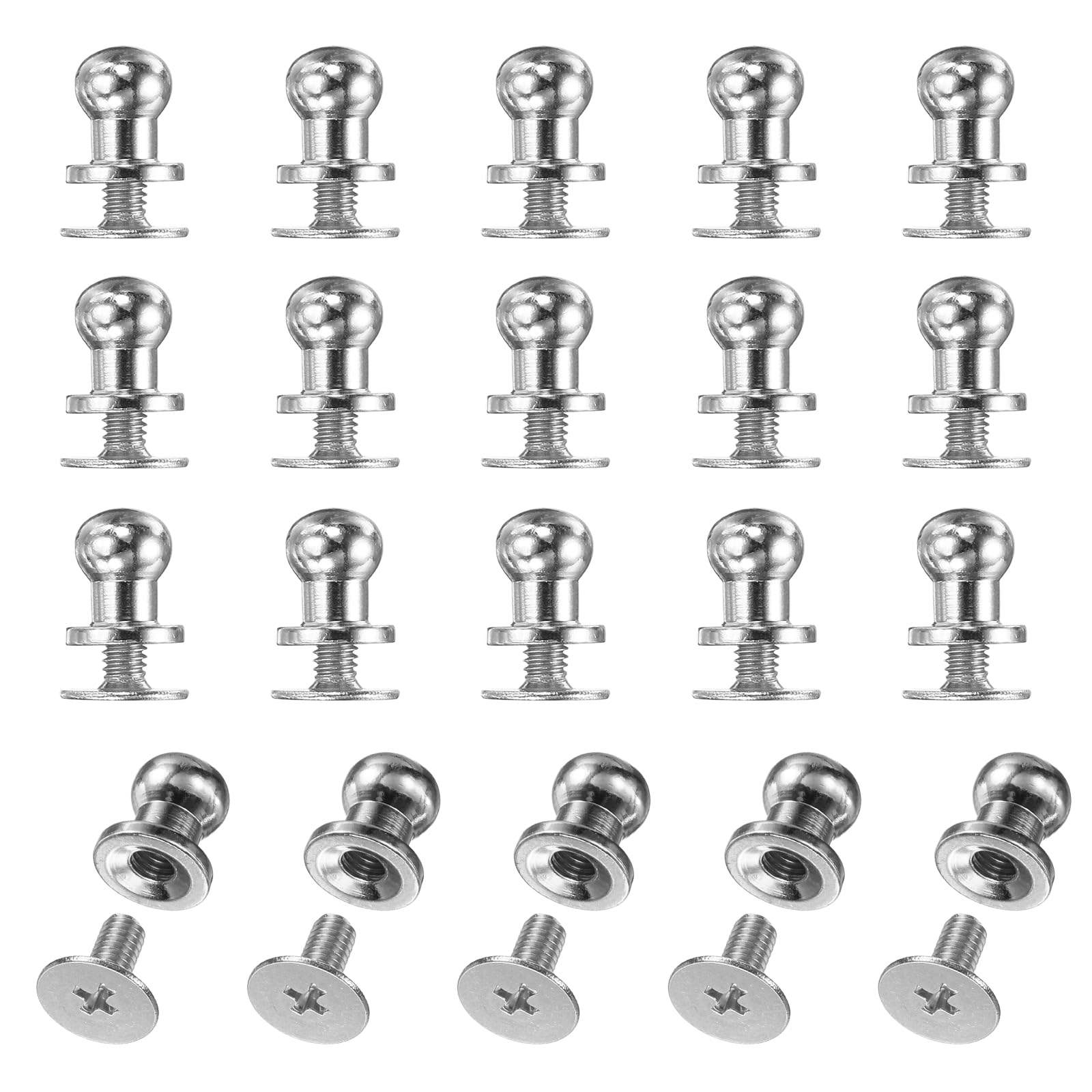 sourcing map 20set Round Head Button Stud Screw 6mm Brass Chicago Screws Button Stud Rivets for Leather DIY Craft Leather Belt Wallet Handbag Repairs Decoration, Silver White