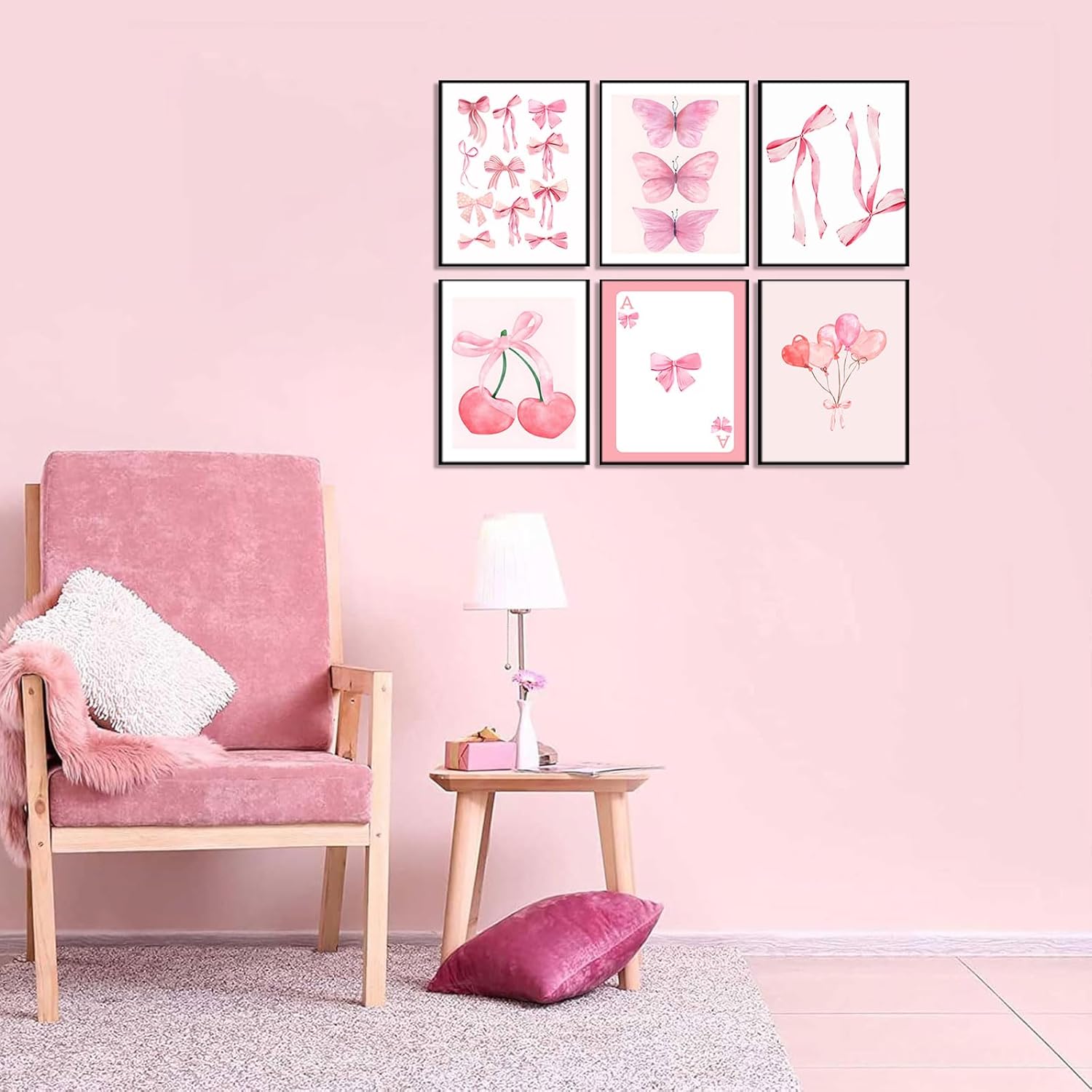 6pcs Pink Bow Canvas Wall Art Trendy Cute Girly Watercolor Bows Prints Painting Room Aesthetic Wall Decor Preppy Posters Coquette Room Decor for Living Room Girls apartment 12x16in Unframed