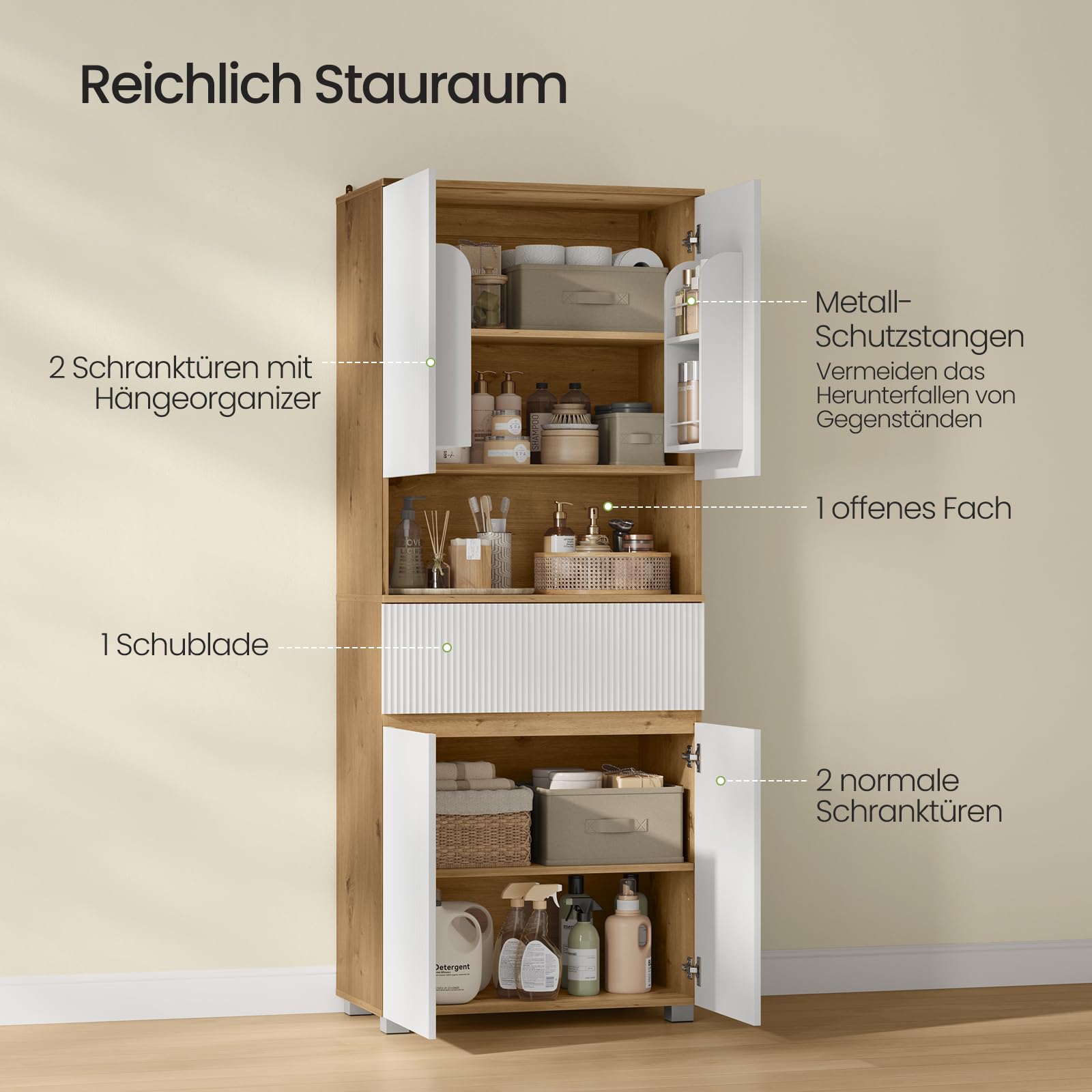 EUGAD Badezimmerschrank hoch, Badschrank, Mit 4 Türen, 1 offenem Fach, 1 Schublade, verstellbaren Einlegeböden, 70 x 176,5 x 40 cm, für Bad Wohnzimmer Küche, Weiß+Holzoptik