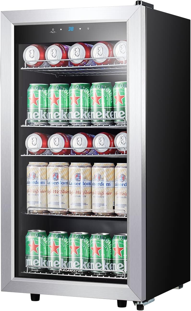 Kalamera Mini Beverage Refrigerator Freestanding- 120 Cans Capacity Beverage Cooler- for Soda, Water, Beer or Wine - for Kitchen or Bar with White Interior Light