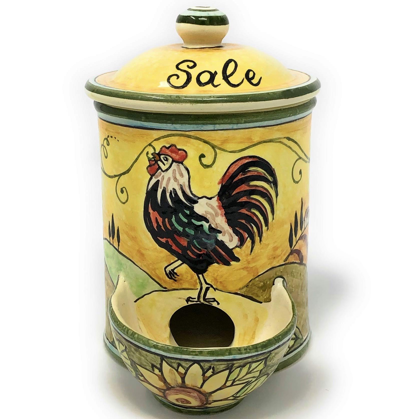 CERAMICHE D'ARTE PARRINI- Italian Ceramic Jar Salt Holder Decorated Rooster Landscape Hand Painted Made in ITALY Tuscan Art Pottery