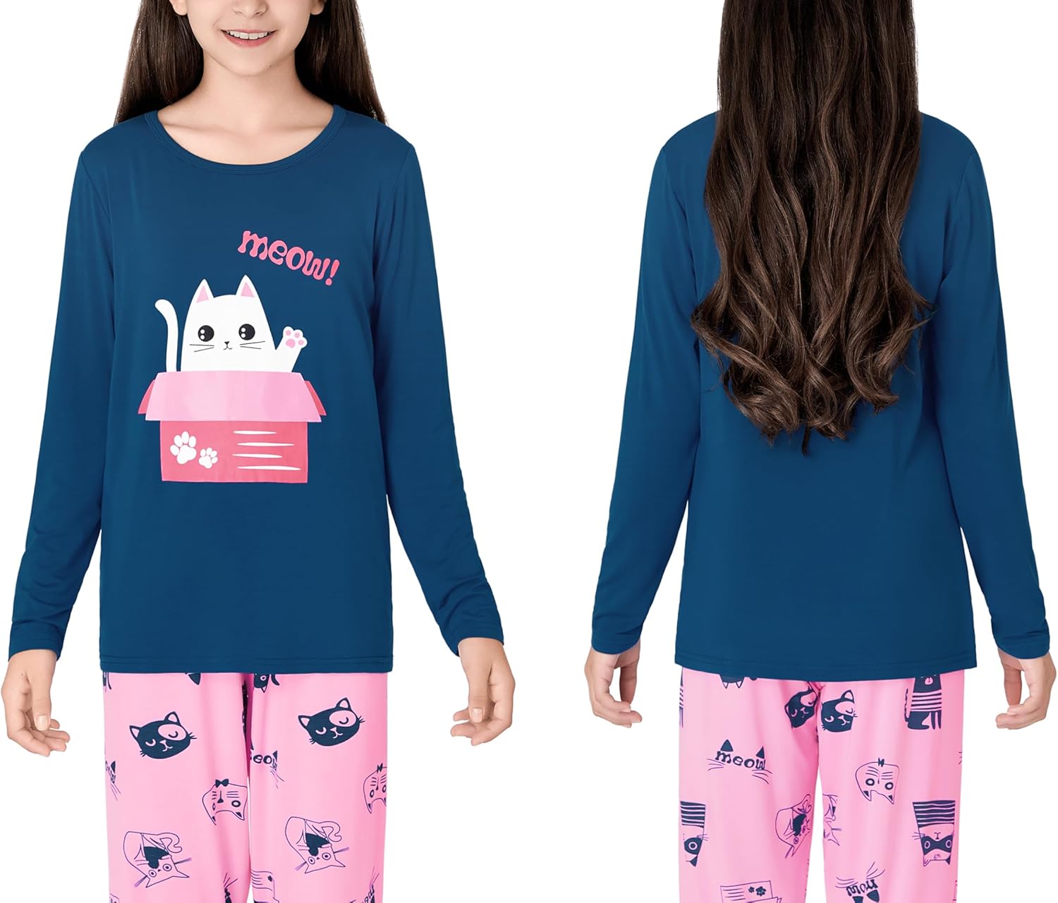 Tebbis Cute Cat Pajamas for Girls Modal Fiber Long Sleeve & Pants Pj Set Tween Size 6-18 - Image 2
