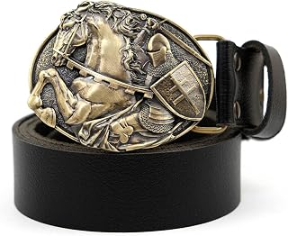 Leather belt with brass buckle Fighting Knight, Medieval military solid brass belt buckle with an attacking knight on leather belt