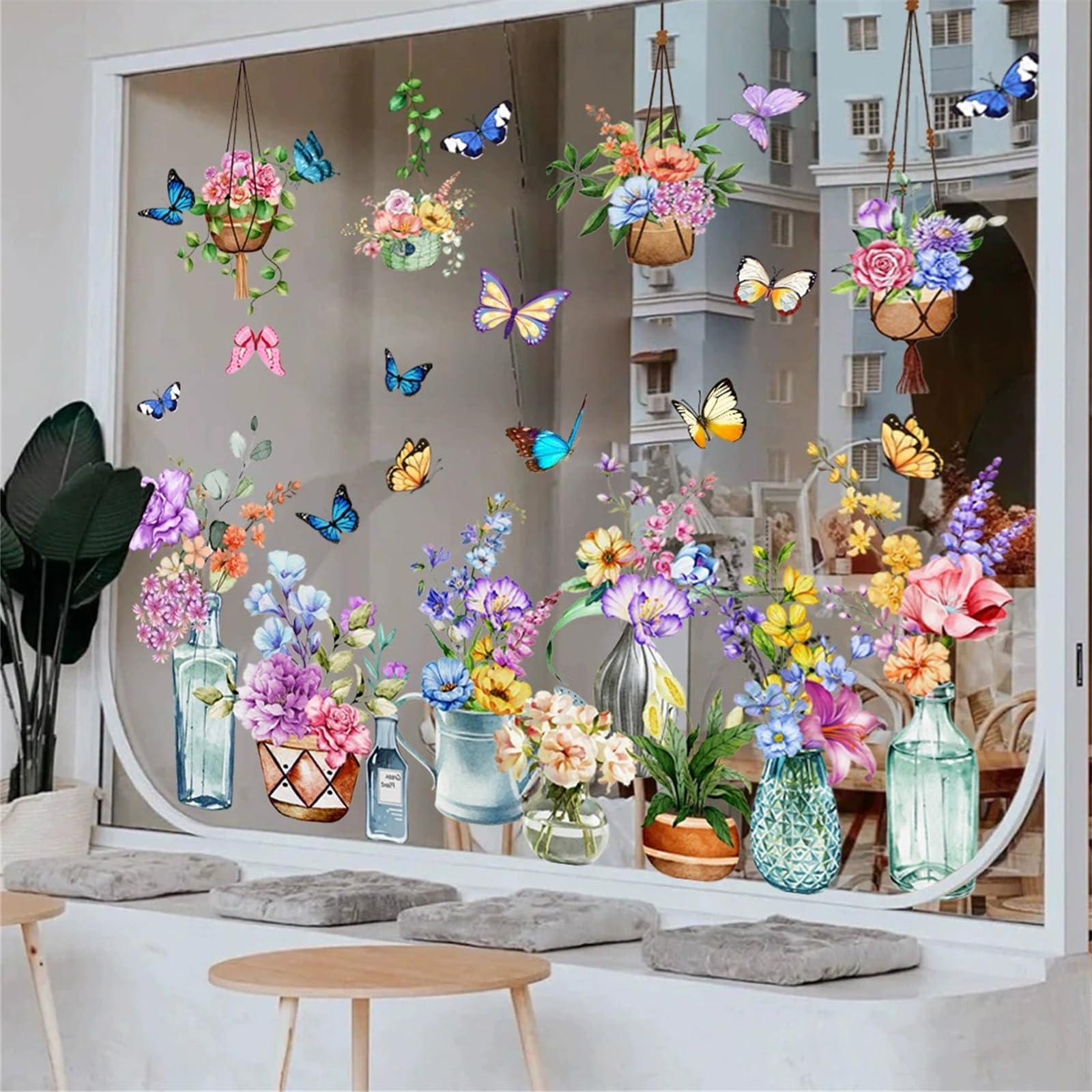 Hikosiya 静電ステッカー 窓ステッカー 花 蝶々 植物 窓 ドア 戸棚 浴室 ガラス かわいい 飾り 両面印刷 水で貼る 貼り直し可能 静電気シール インテリア おしゃれ 春 夏 四季 ステッカー DIY PVC素材 生活防水 部屋飾り 店舗飾り (植物 鉢植え 花瓶)
