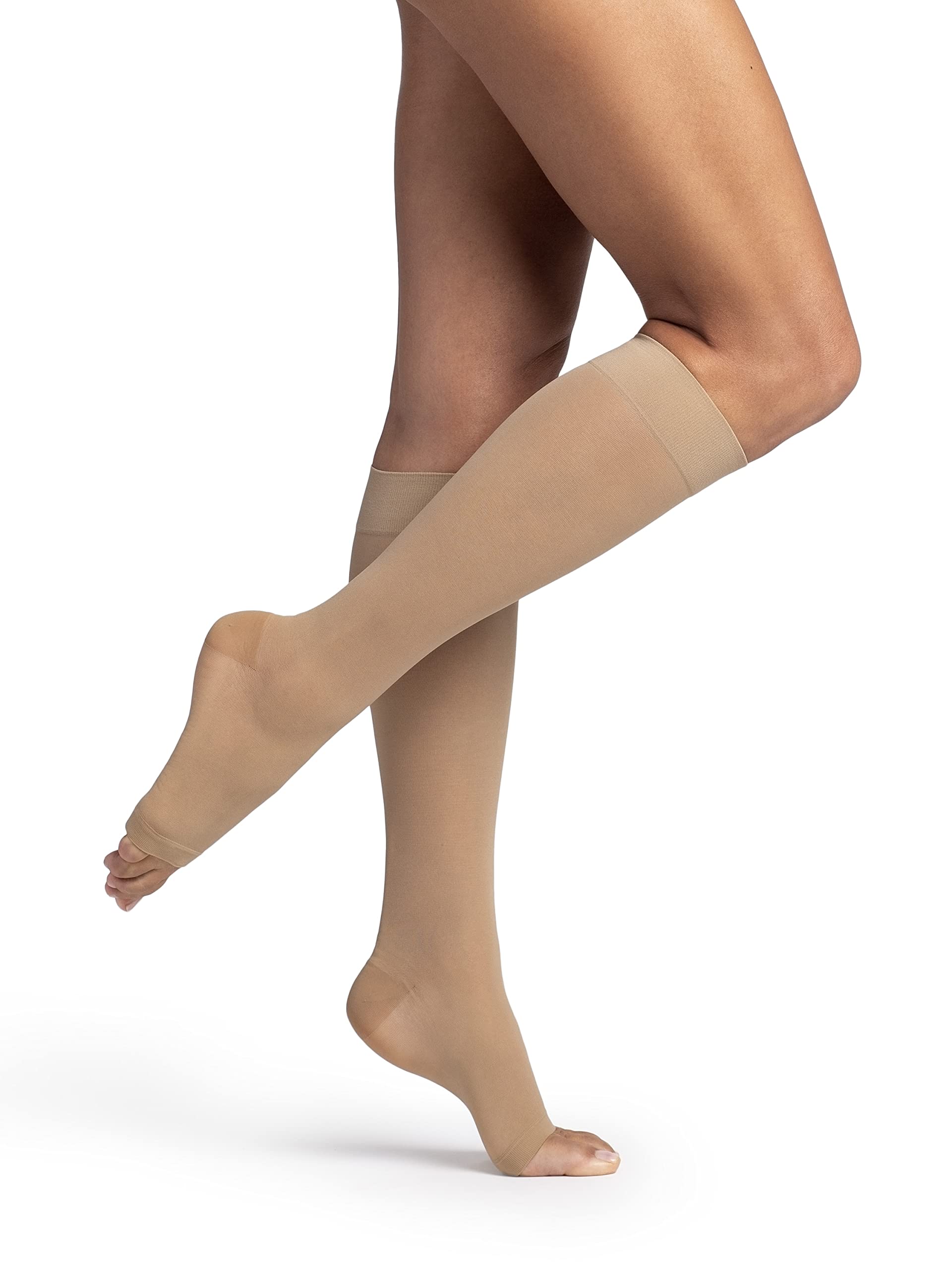 Women's DYNAVEN Sheer Calf Open-Toe Compression Socks, 20-30mmHg, ML - Medium Long, Beige