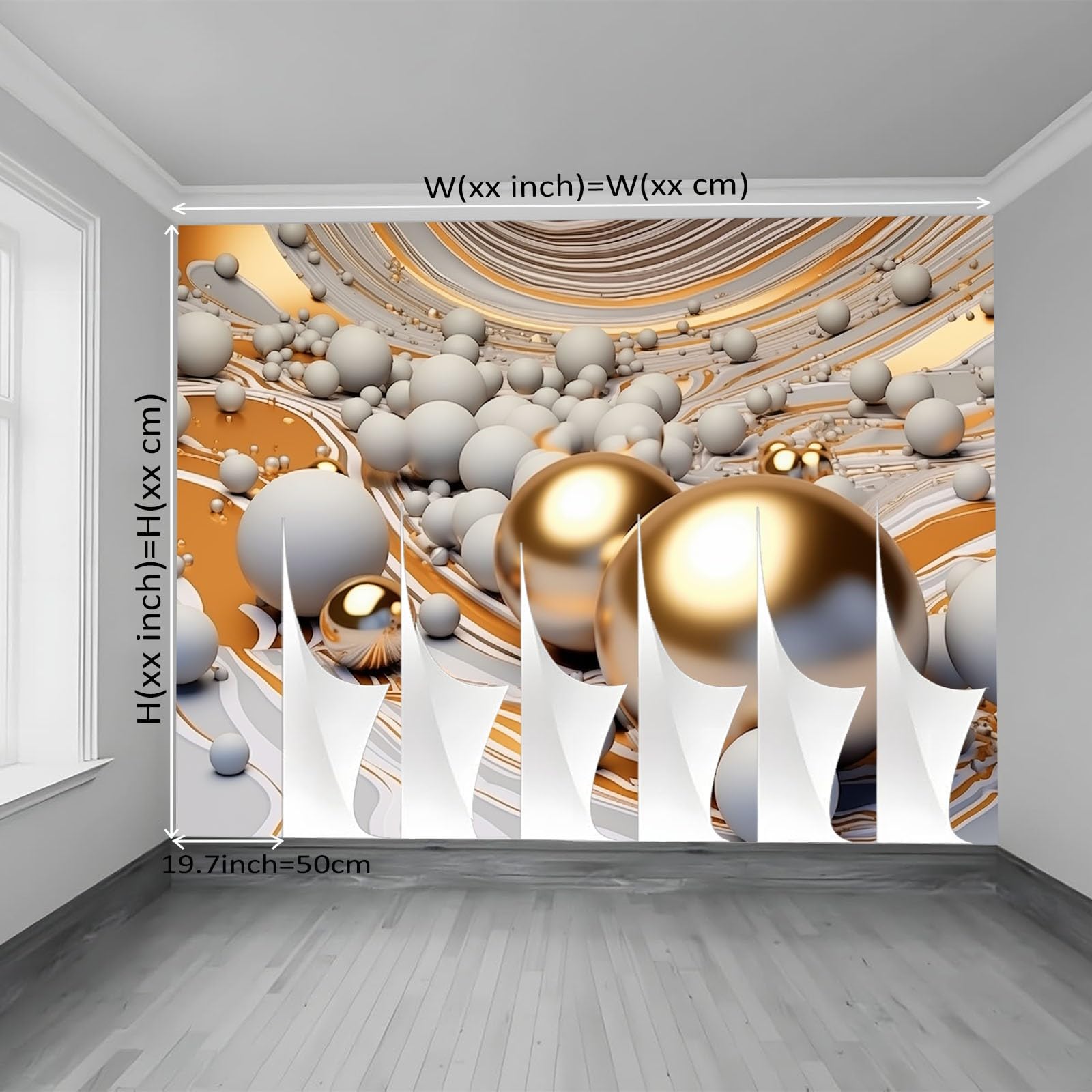 Tapeta z włókniny, 400 x 280 cm, do dekoracji ścian – abstrakcyjna, geometryczna kula 3D, tapeta do salonu, pokoju dziecięcego, tło TV, złoto-srebrna, modny design, fototapeta