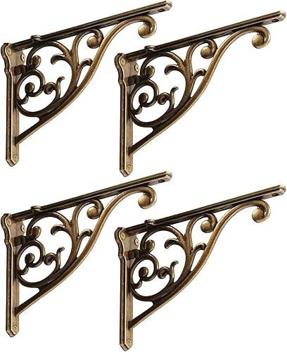 Soportes de estante de 4 pulgadas, paquete de 4 soportes de pared de latón antiguo de alta resistencia, estantes decorativos de cocina victoriana,