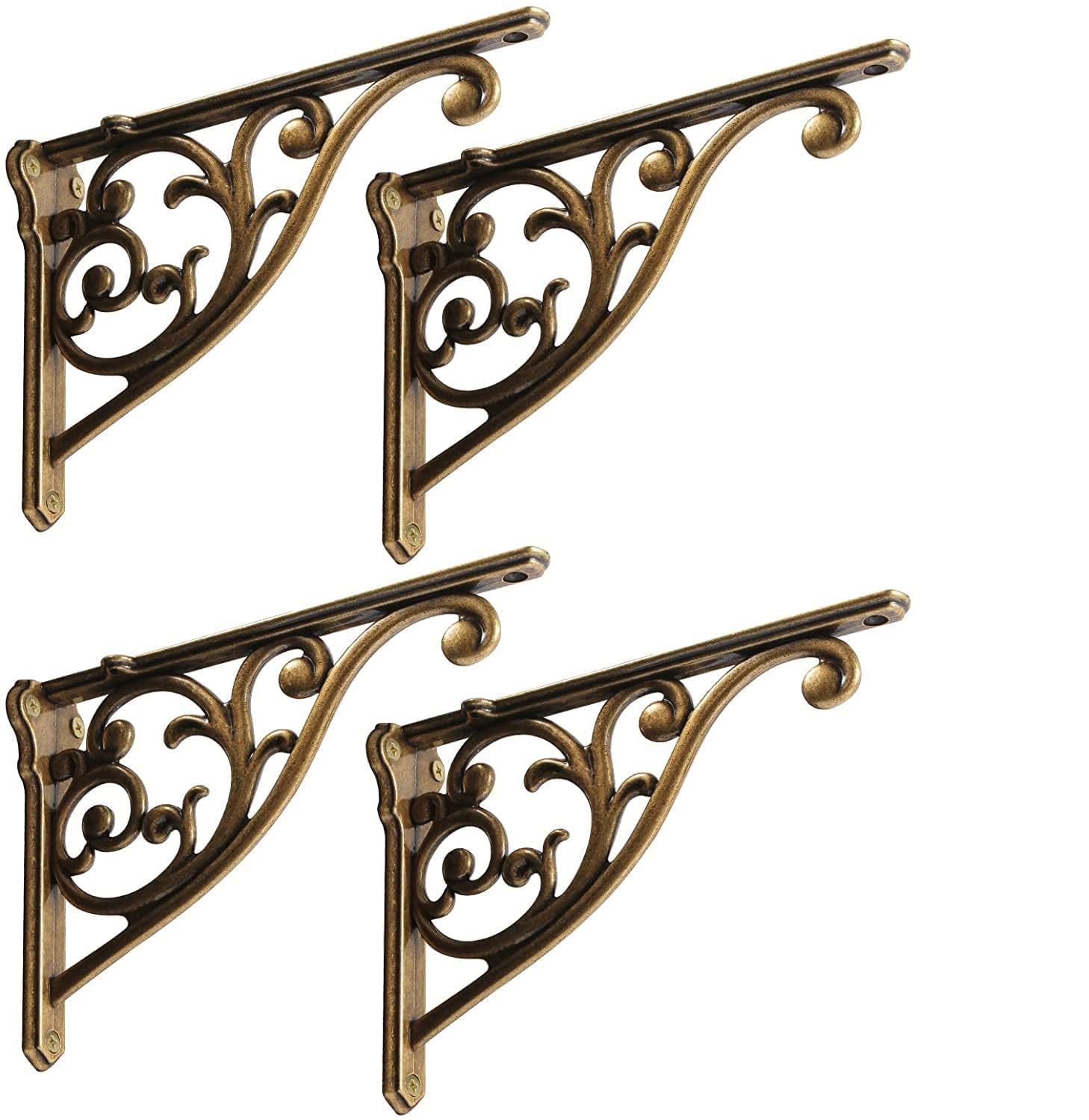 Shelf Brackets 4 Inch 4 Pack Heavy Duty Antique Brass Wall Bracket Victorian Kitchen Decorative Rack Shelves, Shelf Bracket Available in 8 finishes. (4, Antique Brass)
