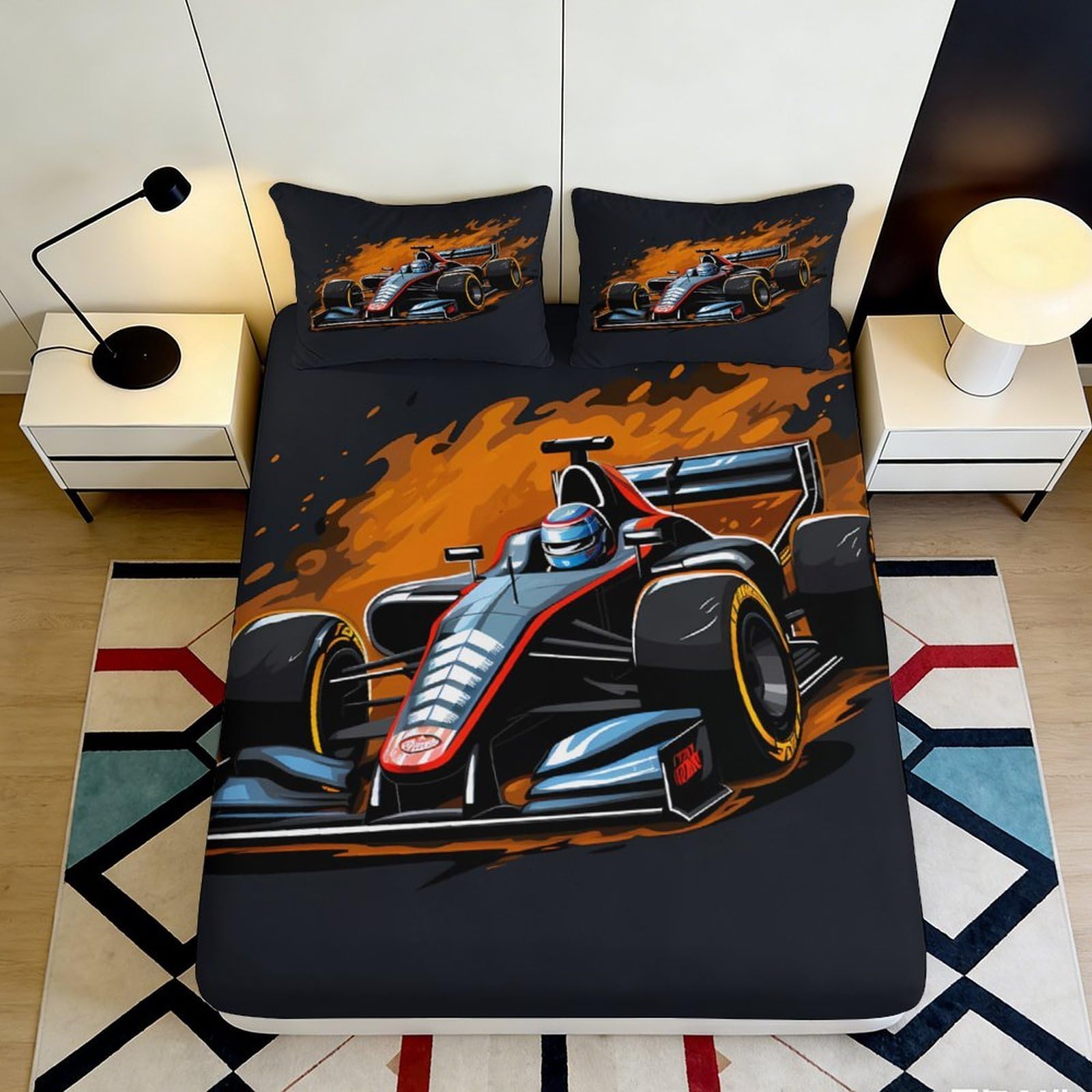 3D Printed Racing Car Fitted Sheet Microfiber Soft Breathable Sports Track Bed Cover for Bedroom Guest Room Decor 90x200x25cm