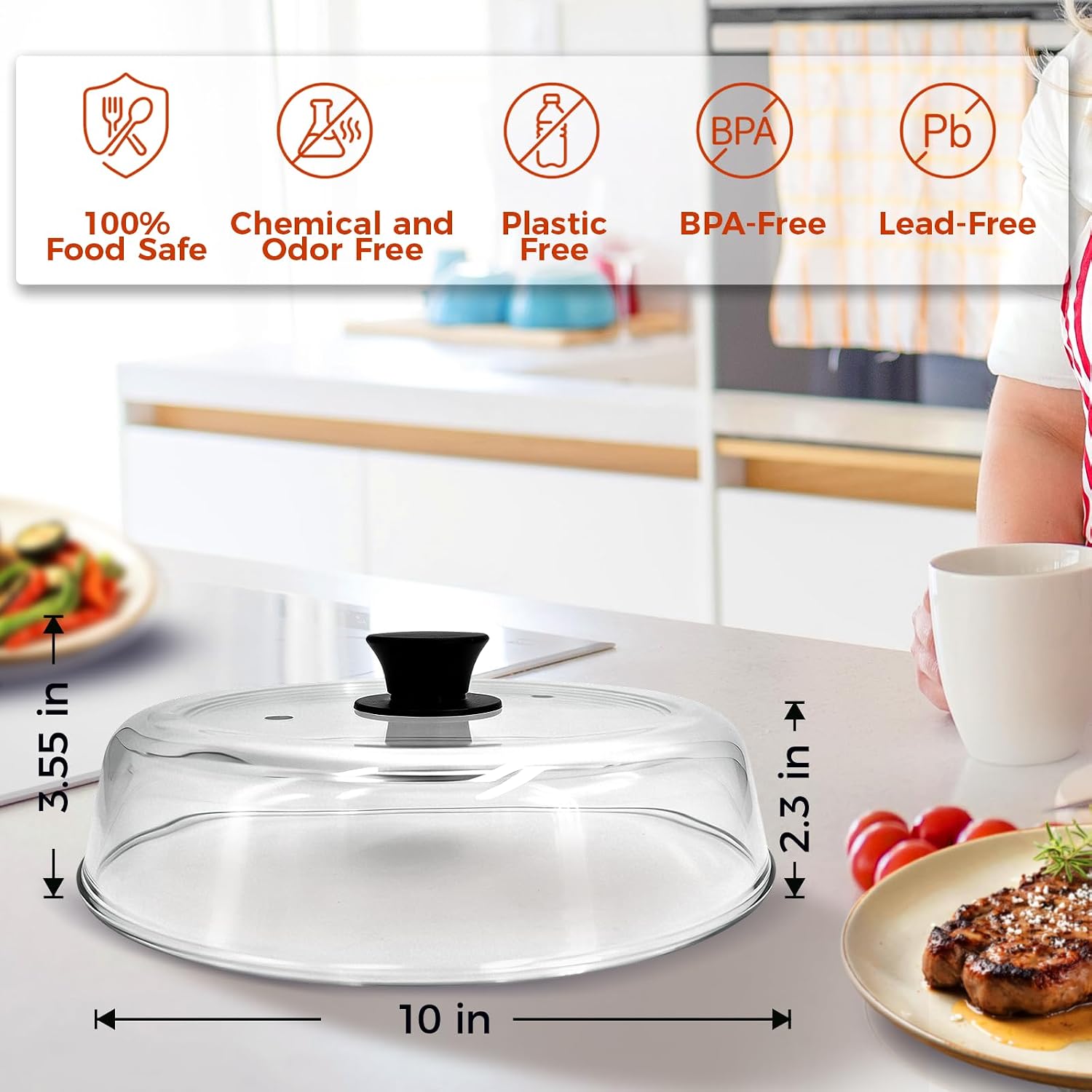 Glass Microwave Splatter Cover for Food, 10 In Glass Microwave Splatter Guard with Vent Hole, BPA Free, Easy-Grip Silicone Knob, Dishwasher Safe, Food Grade, Heat Resistant, No Plastic