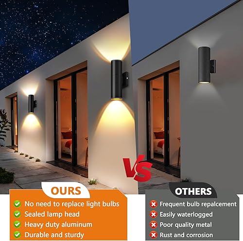 Miniatura 6 de RIDALUX Paquete de 2 lámparas de pared para exteriores impermeables con luces LED hacia arriba, luz moderna para exteriores para porche, patio,