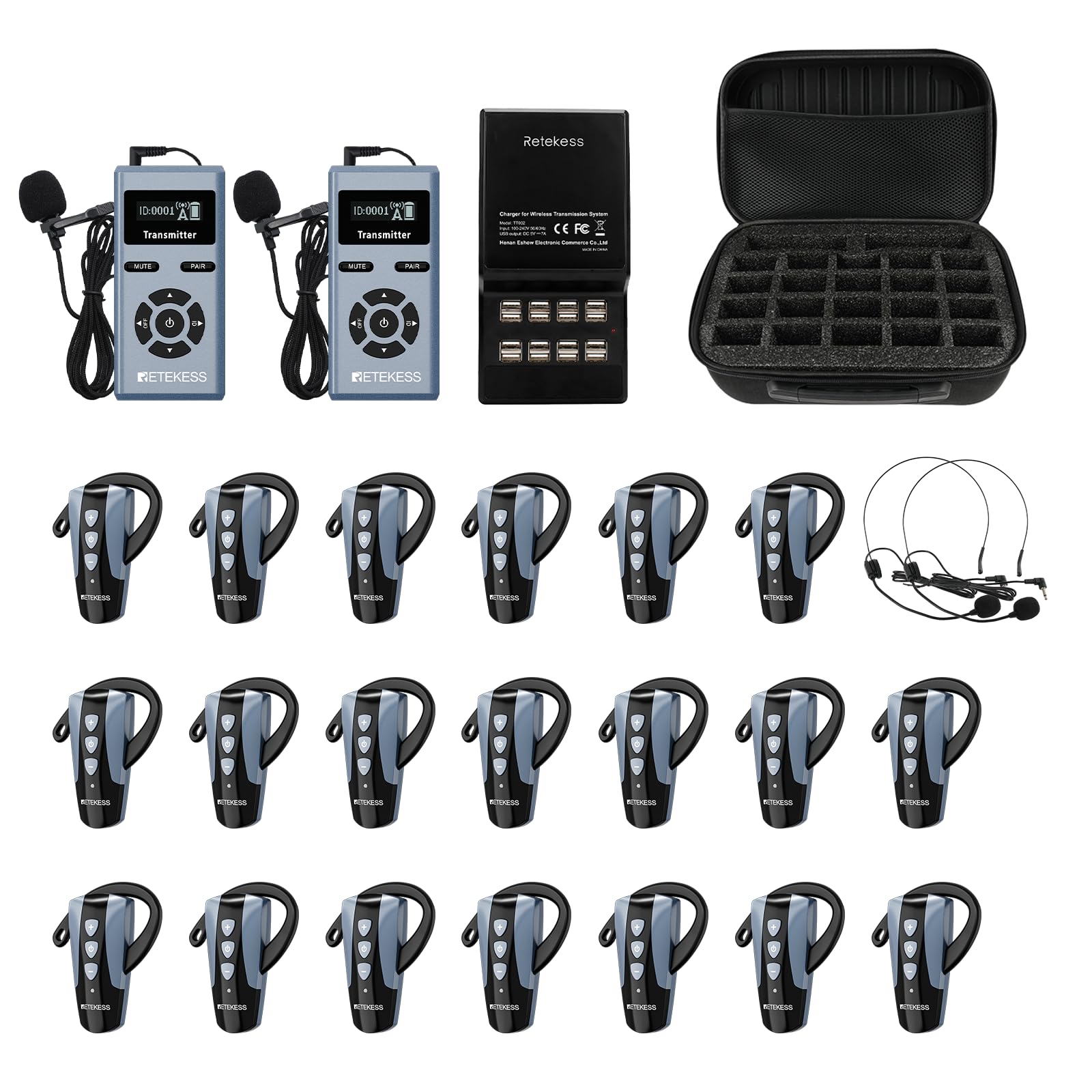 Retekess TT106S Sistema di Guida Turistica Wireless, Ricevitore a Gancio Auricolare, 2.4G, Controllo un-tocco, Porta di Ricarica USB, con Borsa di Stoccaggio (2 Trasmettitori, 20 Ricevitori)