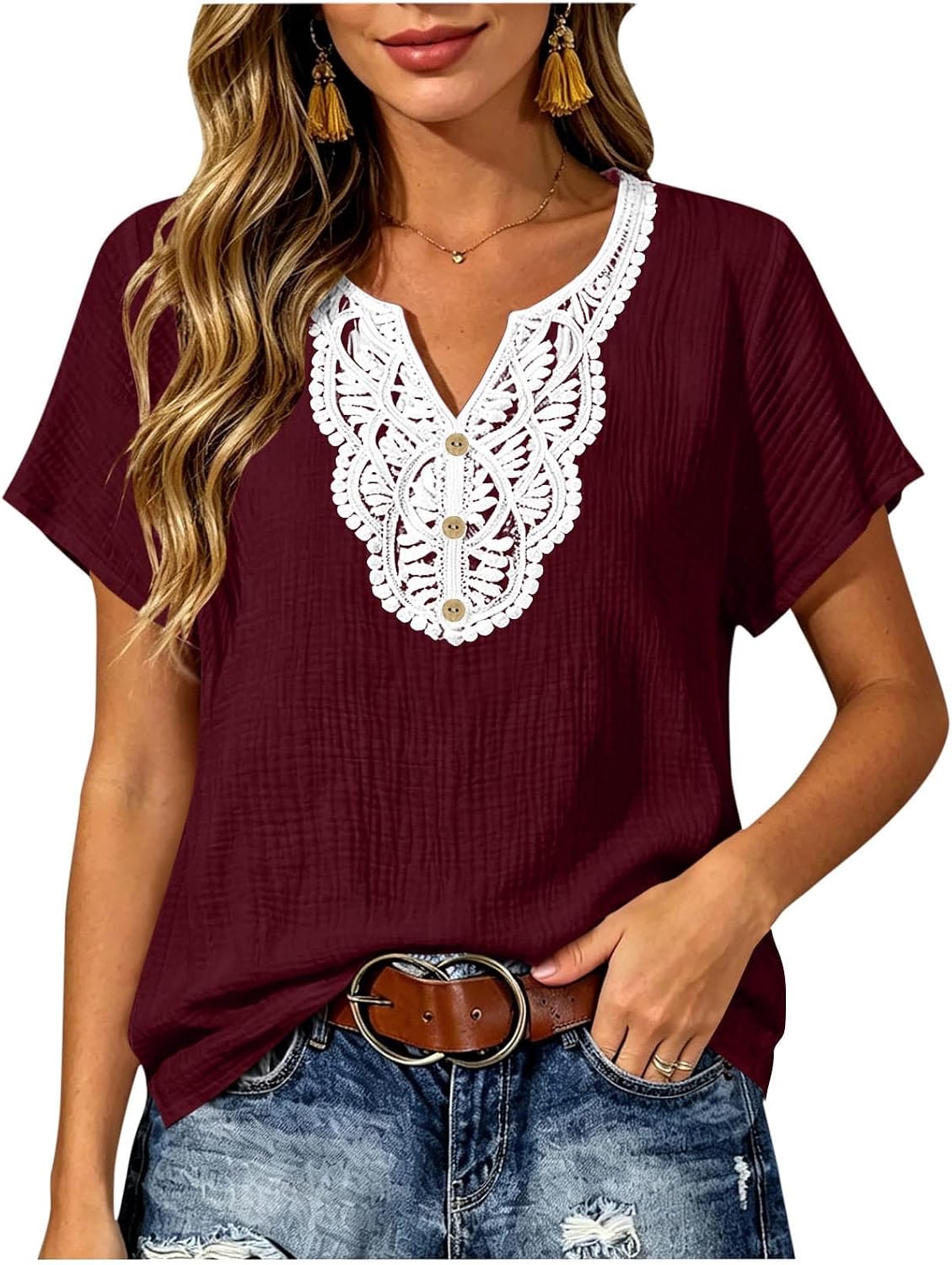 Womens Short Sleeve Tops Boho V Neck Lace Summer Shirts Dressy Casual Loose Fit Blouses Summer Trendy Beach Clothes