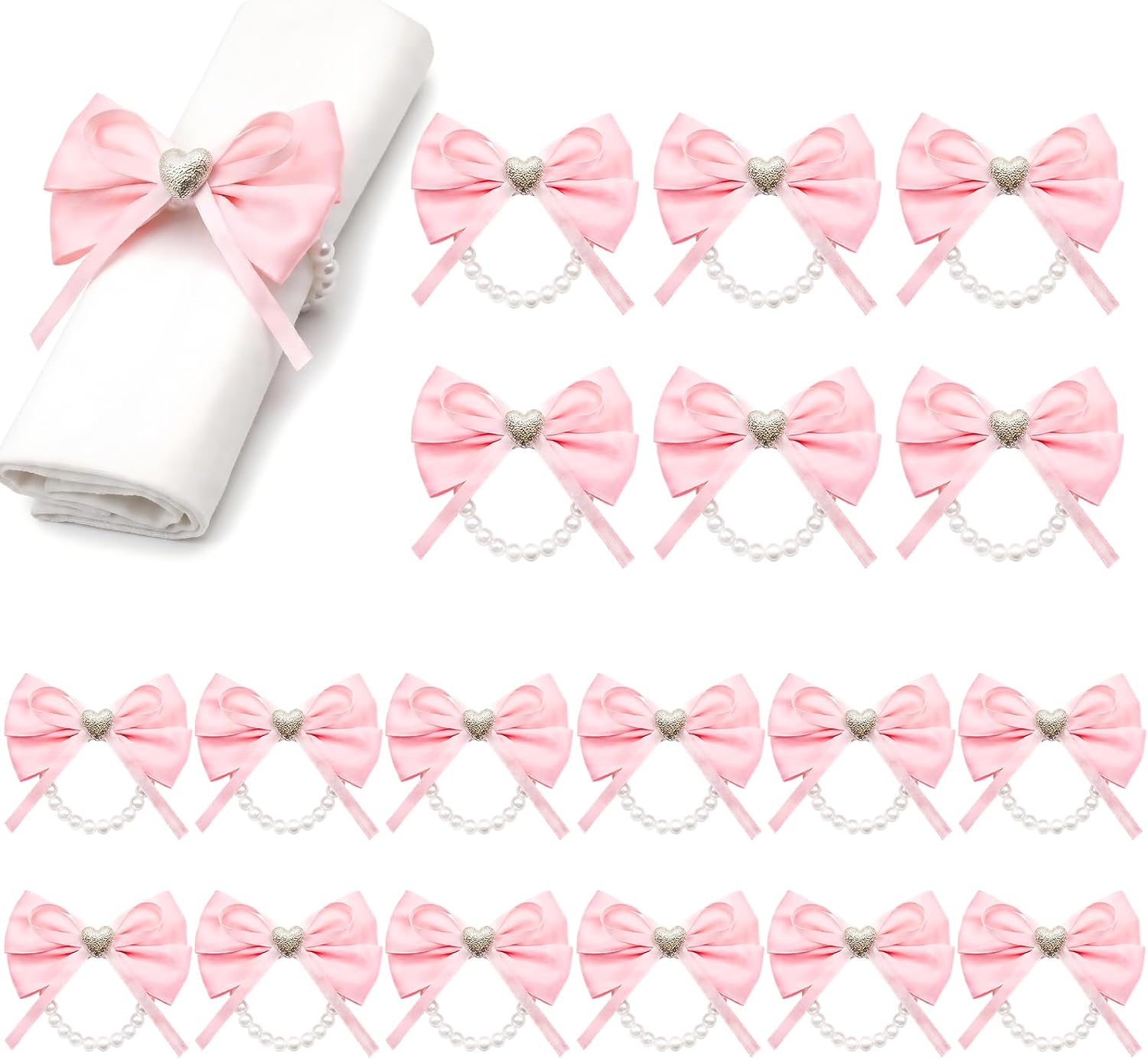18 Pcs Pink Bow Ribbon Pearl Napkin Rings Adjustable Imitation Pearl String Elegant Napkin Holders for Weddings Bridal Shower Party Banquet and Everyday Use