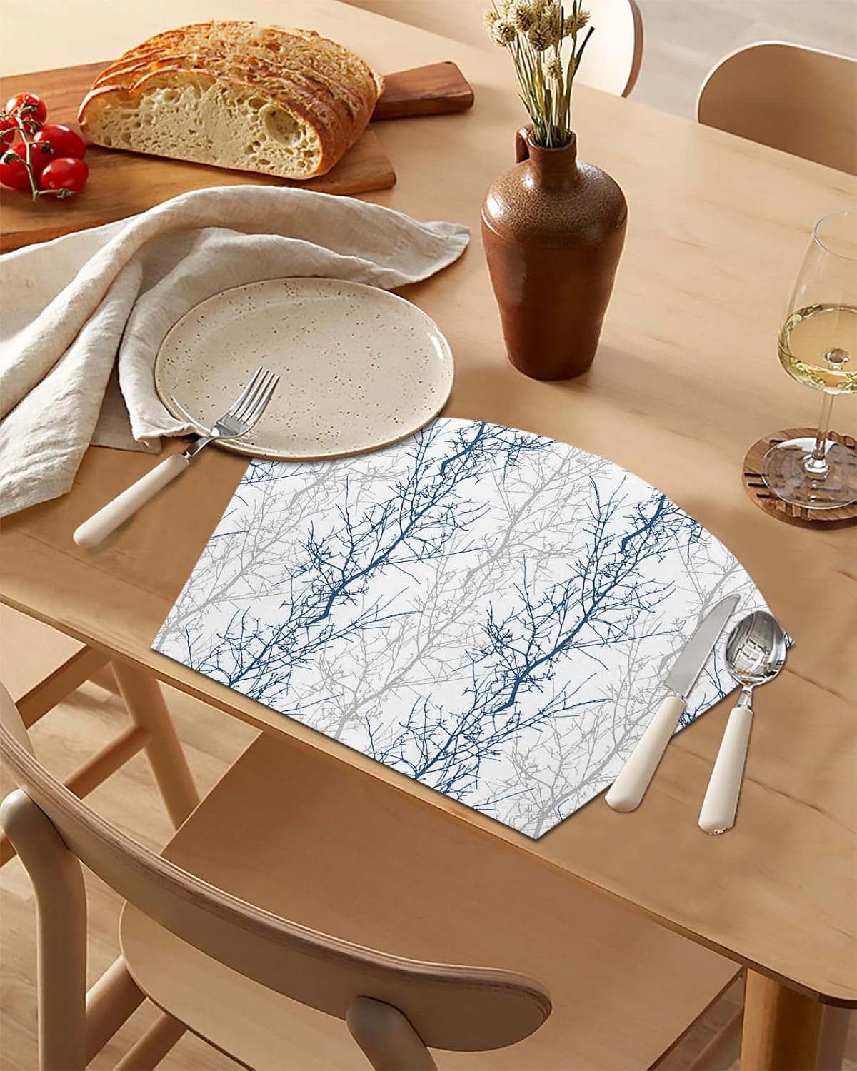 Round Table Placemats Set of 6 Navy Blue Grey Tree Branch Wedge Shaped Placemats Non-Slip Heat Insulation Table Mats Durable Wipeable Placemats for Round Tables Party Decor