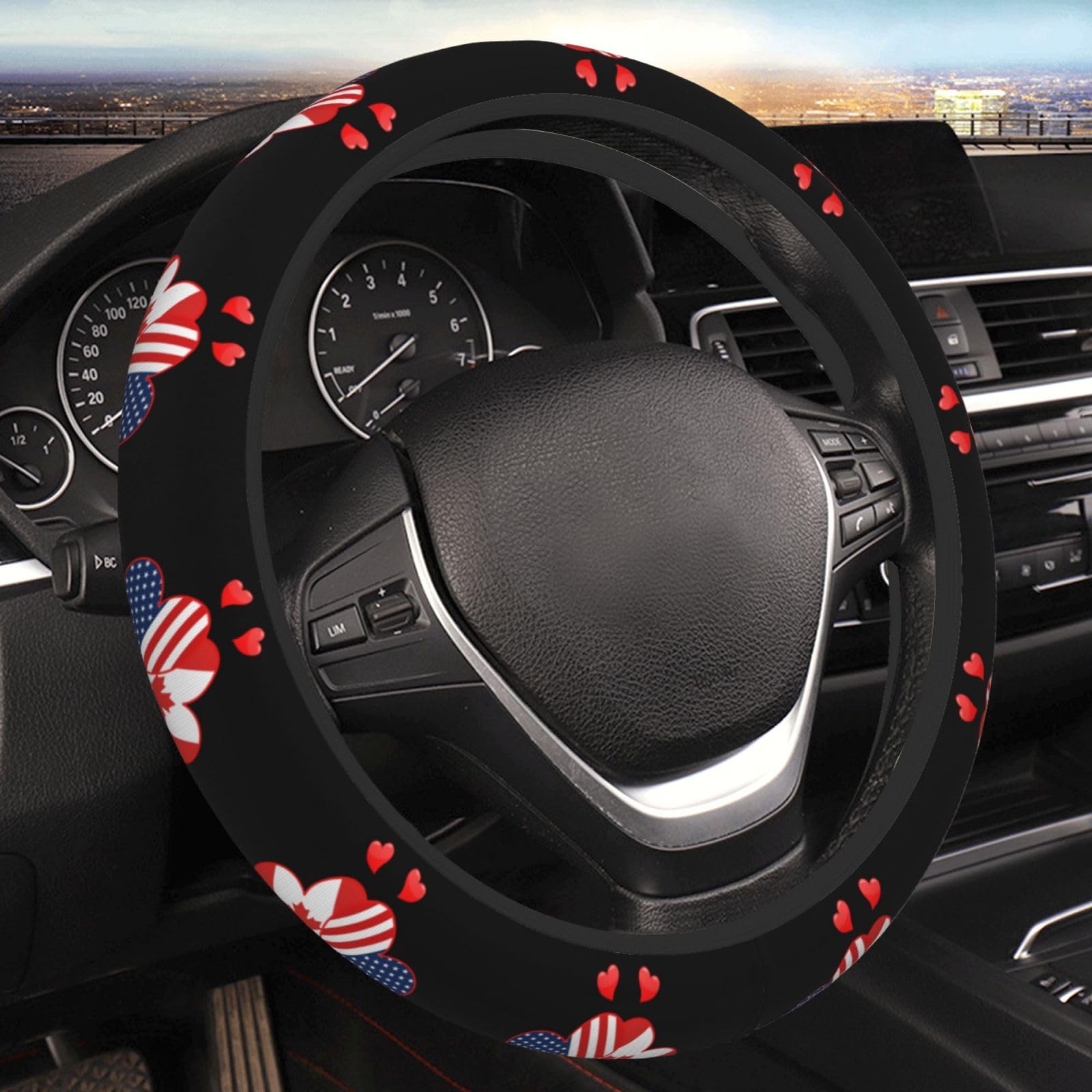 Hearts USA American and Canada Canadan Flag Steering Wheel Cover for Men Women Anti-Slip Elastic Thickened Steering Wheel Cover Universal Fit 15 Inch