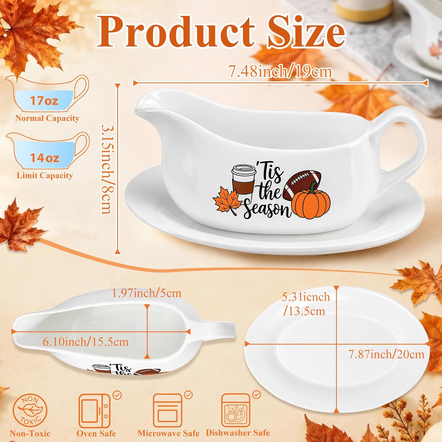Suclain 2 Pcs 17oz Thanksgiving Gravy Boat with Saucer Set, Ceramic